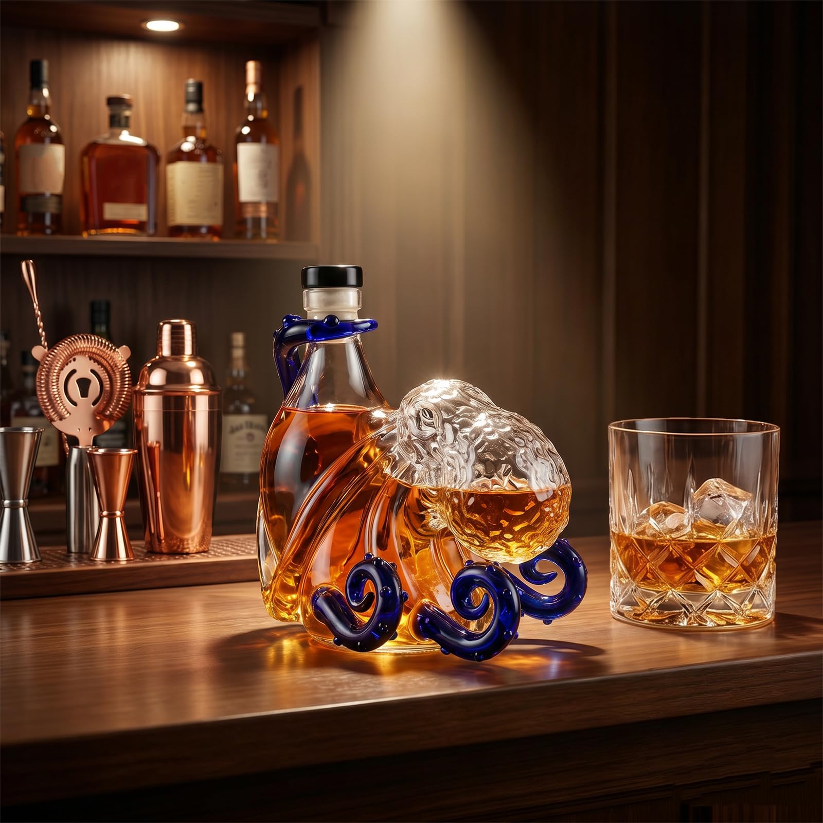 350ml Rum Glass Octopus Bottle,3D Artistic Octopus Shaped Glass Liquor Decanter,High Borosilicate Glasses Liquor Bottle for Bar Home Decor,Collectible Gift for Marine Lovers