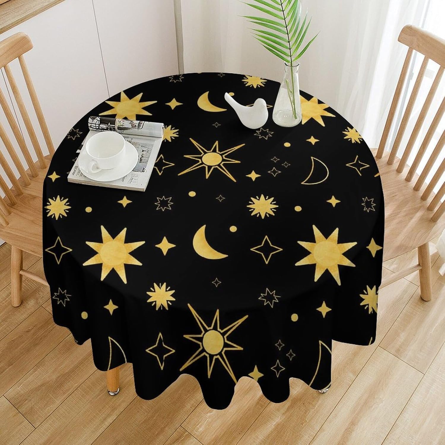 Sun Moon Stars Round Table Cloth, Gold Celestial Tablecloth Circle Table Cover for Home Kitchen Dining Room Party Outdoor Picnic, 70x70 Inch Round