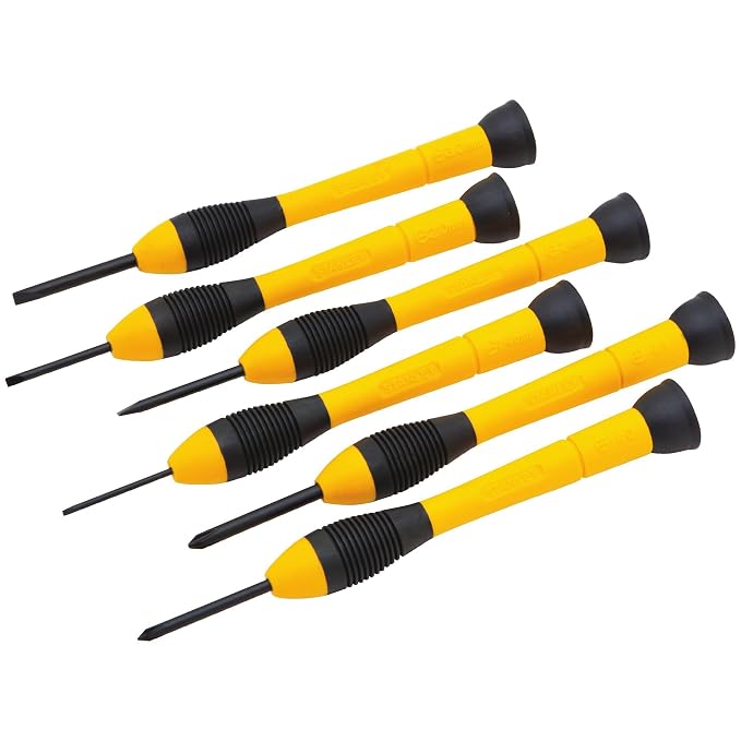 STANLEY 66-052 Precision Screwdriver Set, 6 pcs, 84 gms, Rotating Tip, Bi-Material Handle with Cushioned Grip, Used in Machines, Automobiles & Cars, LxWxH: 19.5x10x2cm, Plastic Storage Case Included