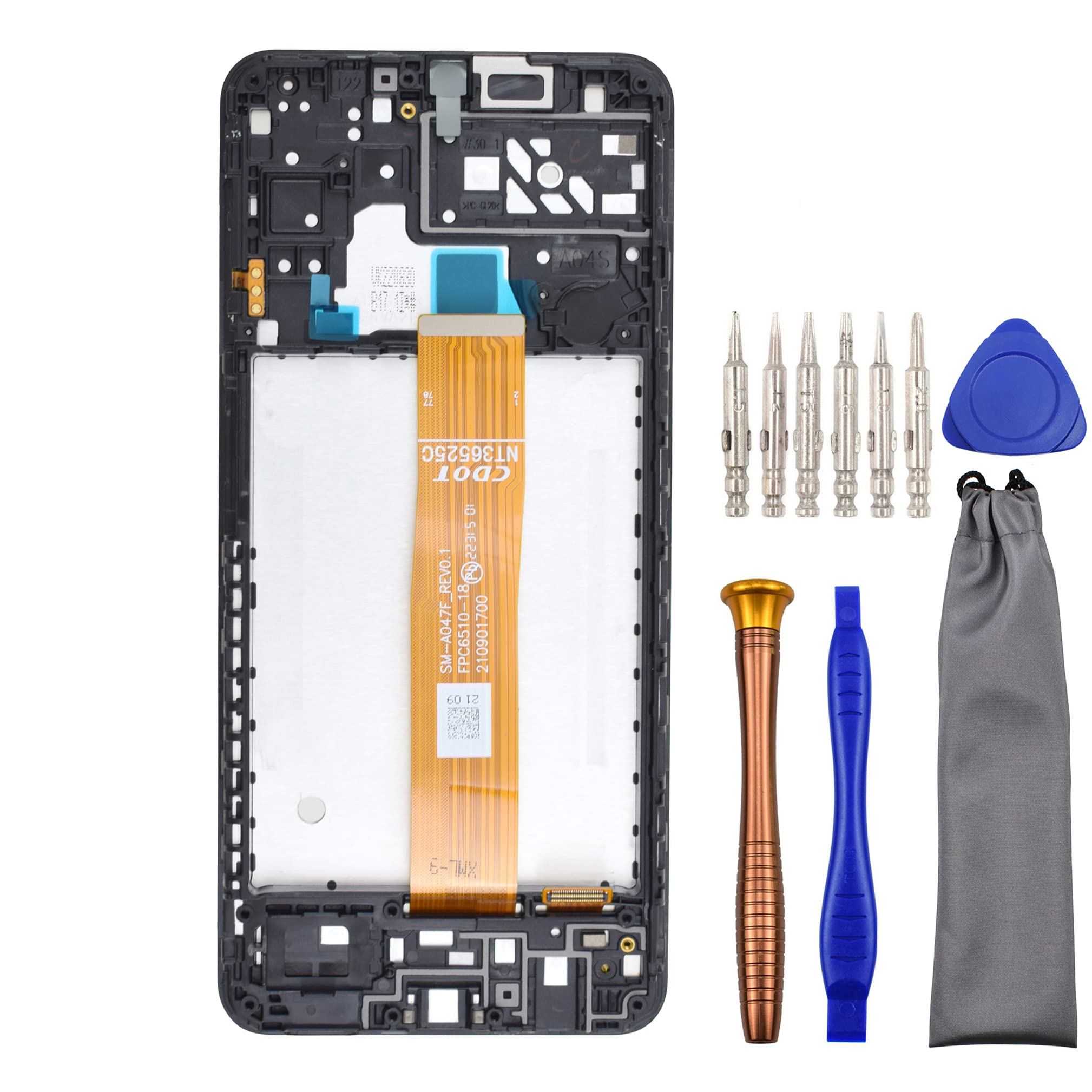 Complete Screen LCD Digitizer Touch Assembly Replacement for Samsung Galaxy A04s SM-A047F with Tool Kit and Screen Frame Installed Black 6.5"