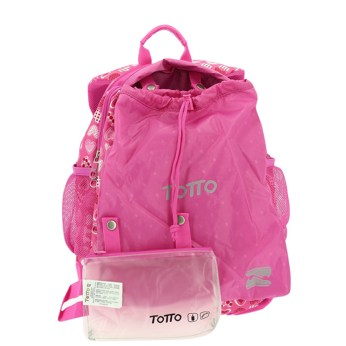 Totto - Zaino Scuola, Modello Crayoles, Capacità 20 L, Beauty Case e Borsa per Scarpe Removibili, Tasca per Bottiglia, Schienale ergonomico con flusso d'aria, Comodo e Resistente, Stampa Cuori Rosa