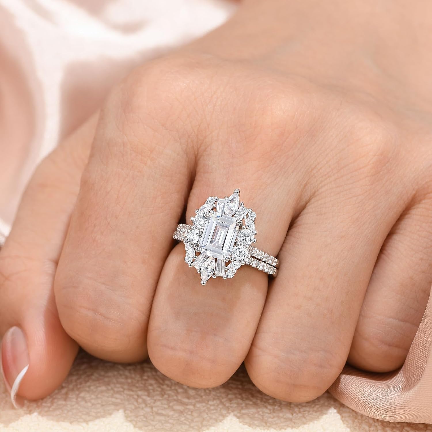 Vintage Emerald Cut Wedding Ring Set for Her Engagement Rings for Women 925 Sterling Silver Cubic Zirconia Cz Promise Anniversary Band Size 5-10 - Image 5