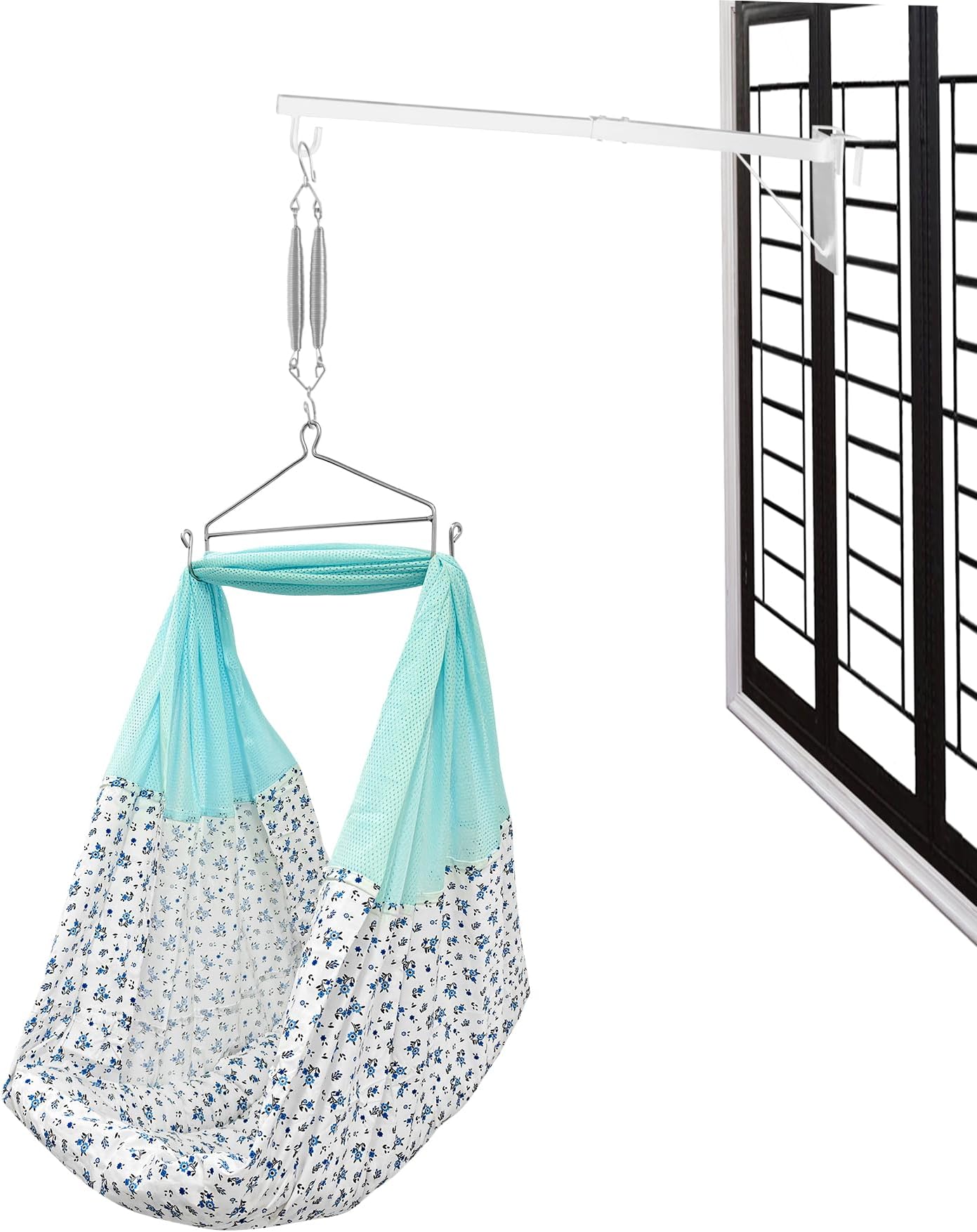beetot New Born Baby Swing Cradle (Jhula) Set | Cradle Swing, Mosquito Net, Spring, Triangle Hanger, Window Hanger | Weight Capacity up to 20kg | Age from 0-12 Months | Jhula (Emily Blue), Cotton