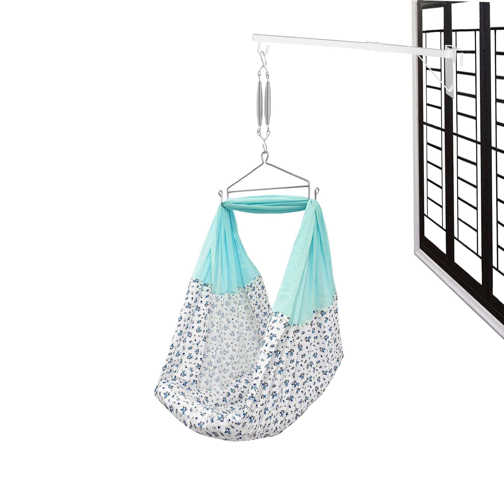 beetot New Born Baby Swing Cradle (Jhula) Set | Cradle Swing, Mosquito Net, Spring, Triangle Hanger, Window Hanger | Weight Capacity up to 20kg | Age from 0-12 Months | Jhula (Emily Blue), Cotton