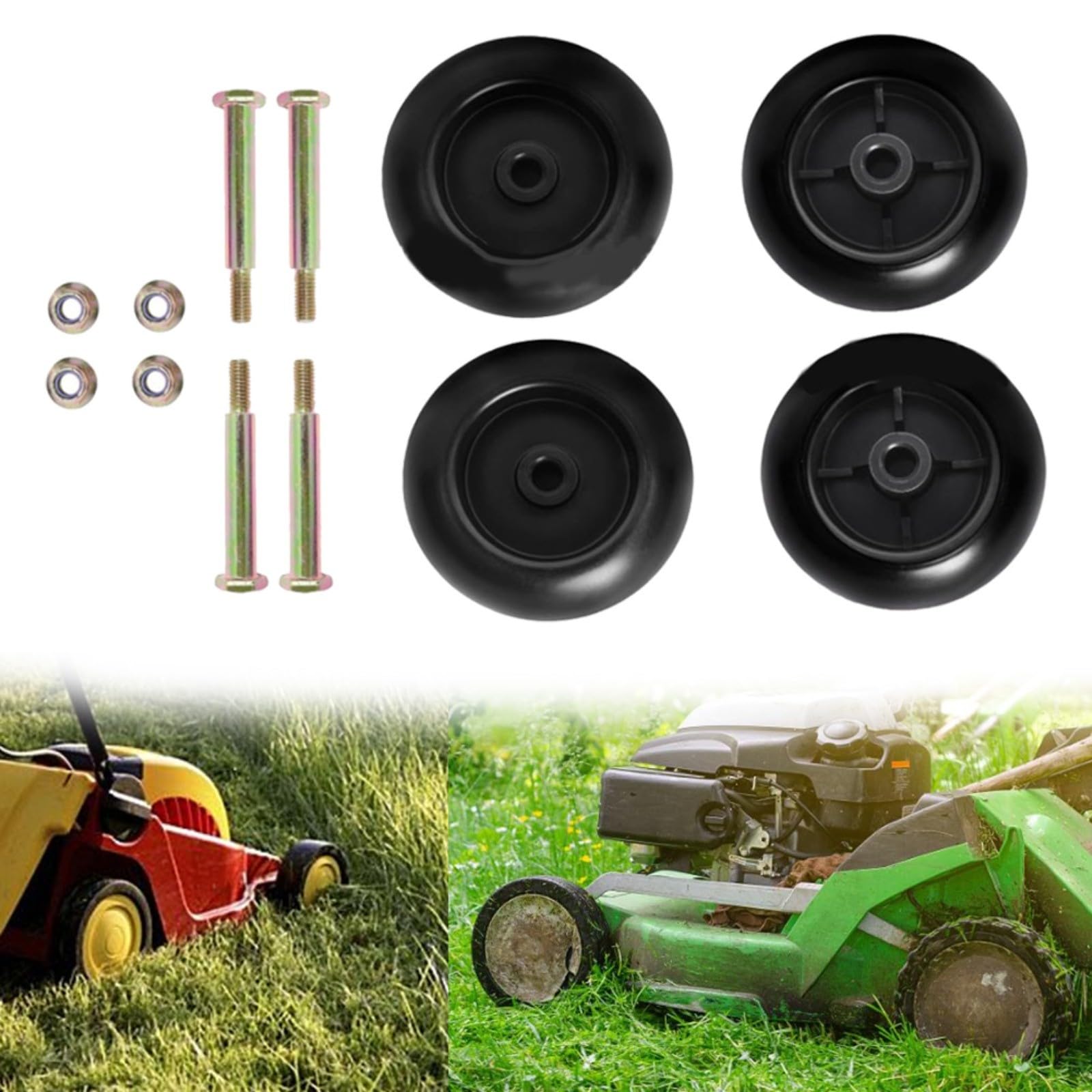 Kit de 4 ruedas para cortacésped con pernos y tuercas, construcción de plástico negro, maniobrabilidad suave, se adapta a tamaños de 42 a 54 pulgadas, compatible con 532133957, 174873, 734