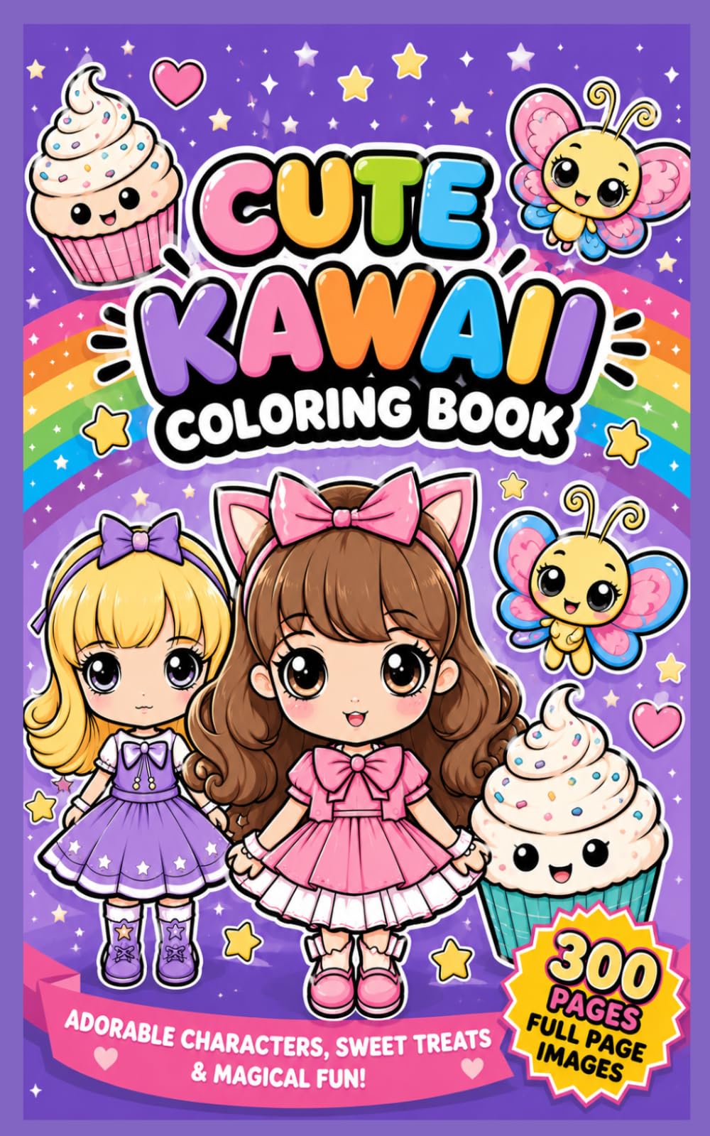 Cute Kawaii Coloring Book: 300 Adorable Pages of Sweet Characters, Cupcakes, Animals, Girls, and Fun Coloring Adventures