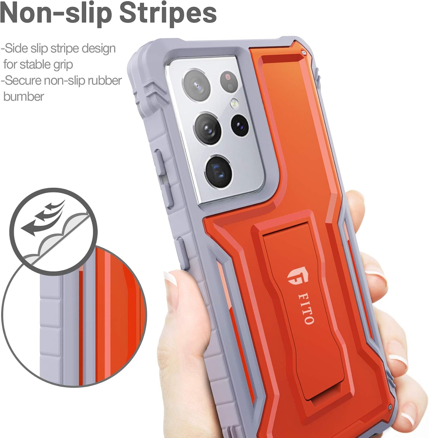 FITO for Samsung Galaxy S21 Ultra 5G Case, Dual Layer Shockproof Heavy Duty Case for Samsung S21 Ultra 5G Phone Built-in Kickstand, Without Screen Protector (Orange, 6.8 inch)