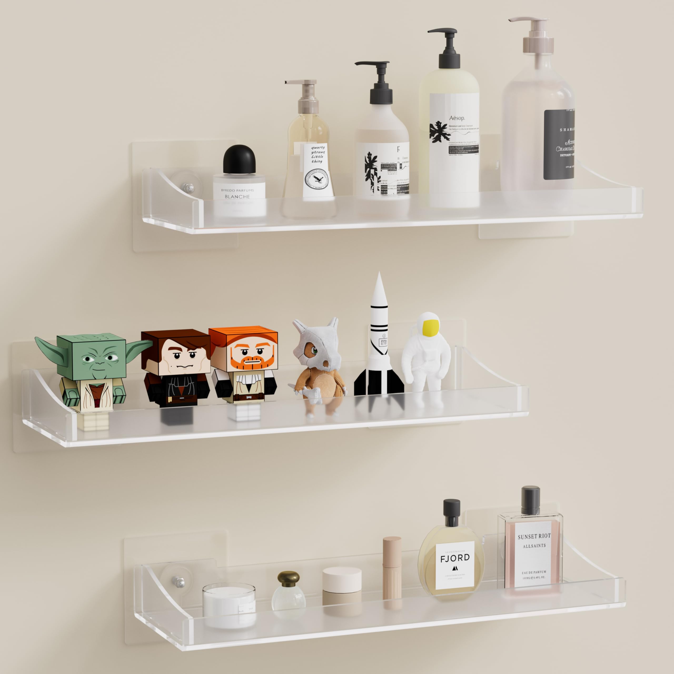 Estantes acrílicos para almacenamiento de pared, estantes flotantes para niños, organizador de estante de exhibición para baño, dormitorio, sala de estar, paquete de 3, transparente