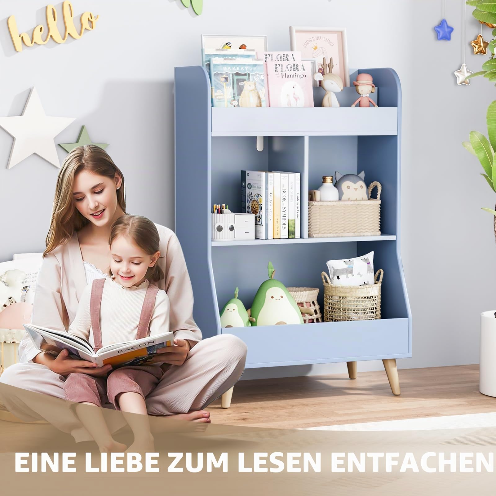 Clevich Bücherregal Kinder, Kinderregal, Kinderzimmerregal, Spielzeugregal, 2 Fächern, 3 offene Fächer für Bücher, Montessori Aufbewahrungsregal, Kindermöbel für Kindergarten Spielzimmer (Blau)