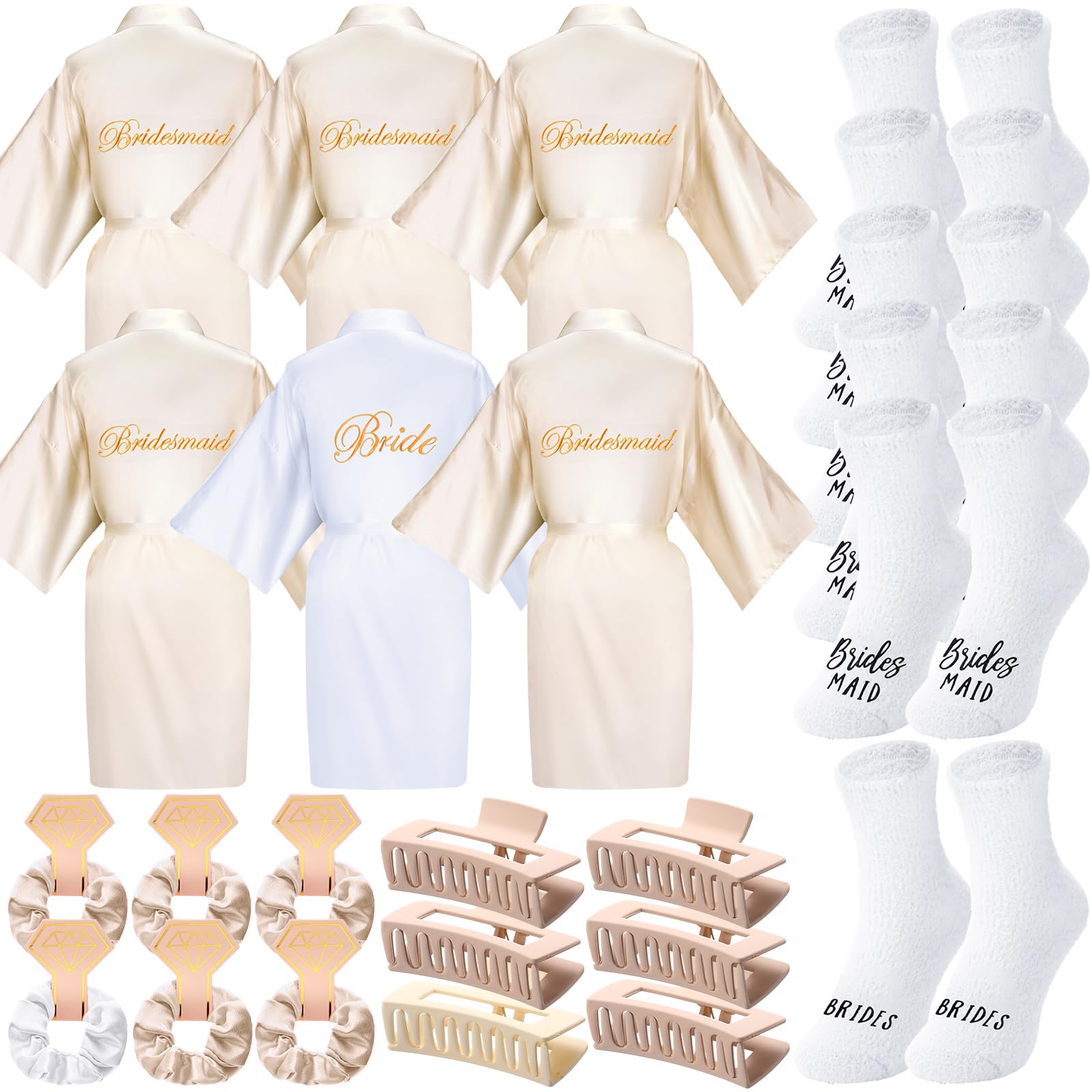 Bonuci Juego de 24 piezas de regalo para despedida de soltera, incluye batas de novia, damas de honor, pinzas para el pelo, calcetines esponjosos para bodas y fiestas