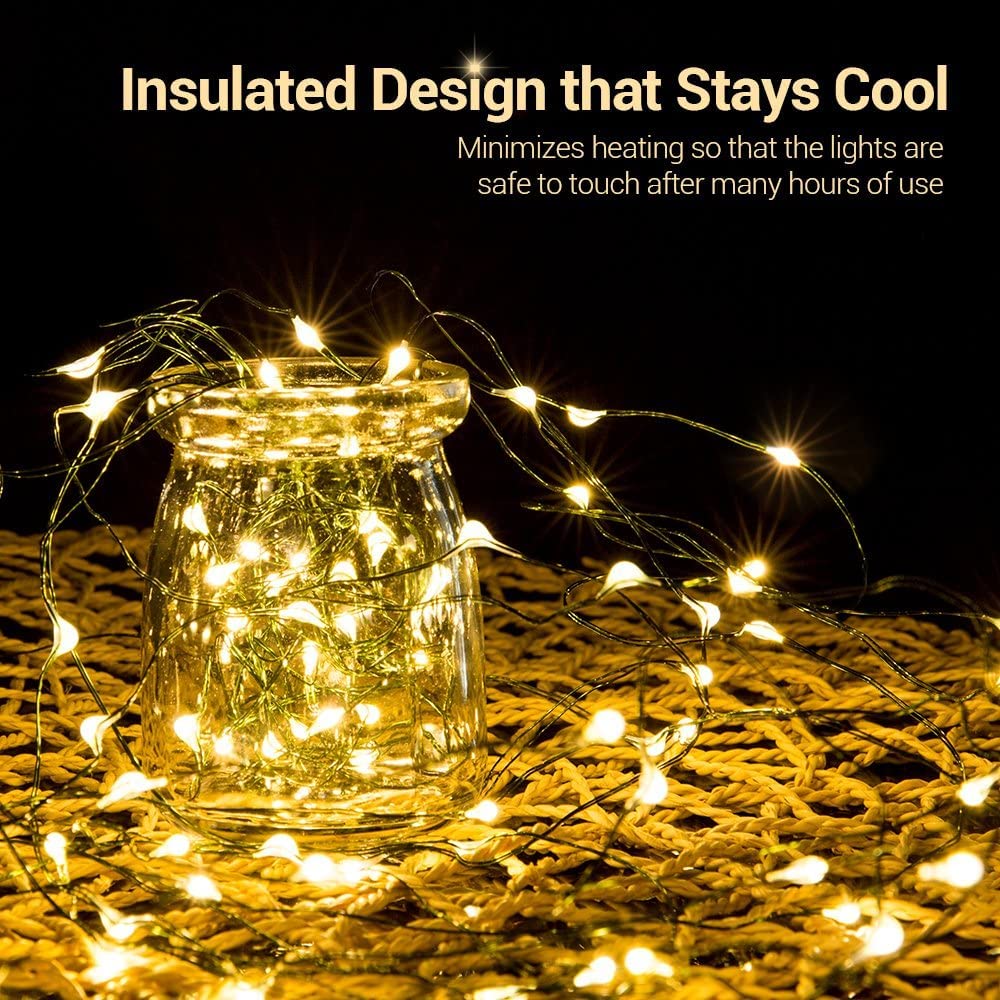 MASHANG Filo di luci natalizie a batteria, 9 m, 100 micro LED, luci stellate con filo di rame verde scuro, per albero di Natale, ghirlande, fai da te, vacanze (bianco caldo, 2 pezzi)