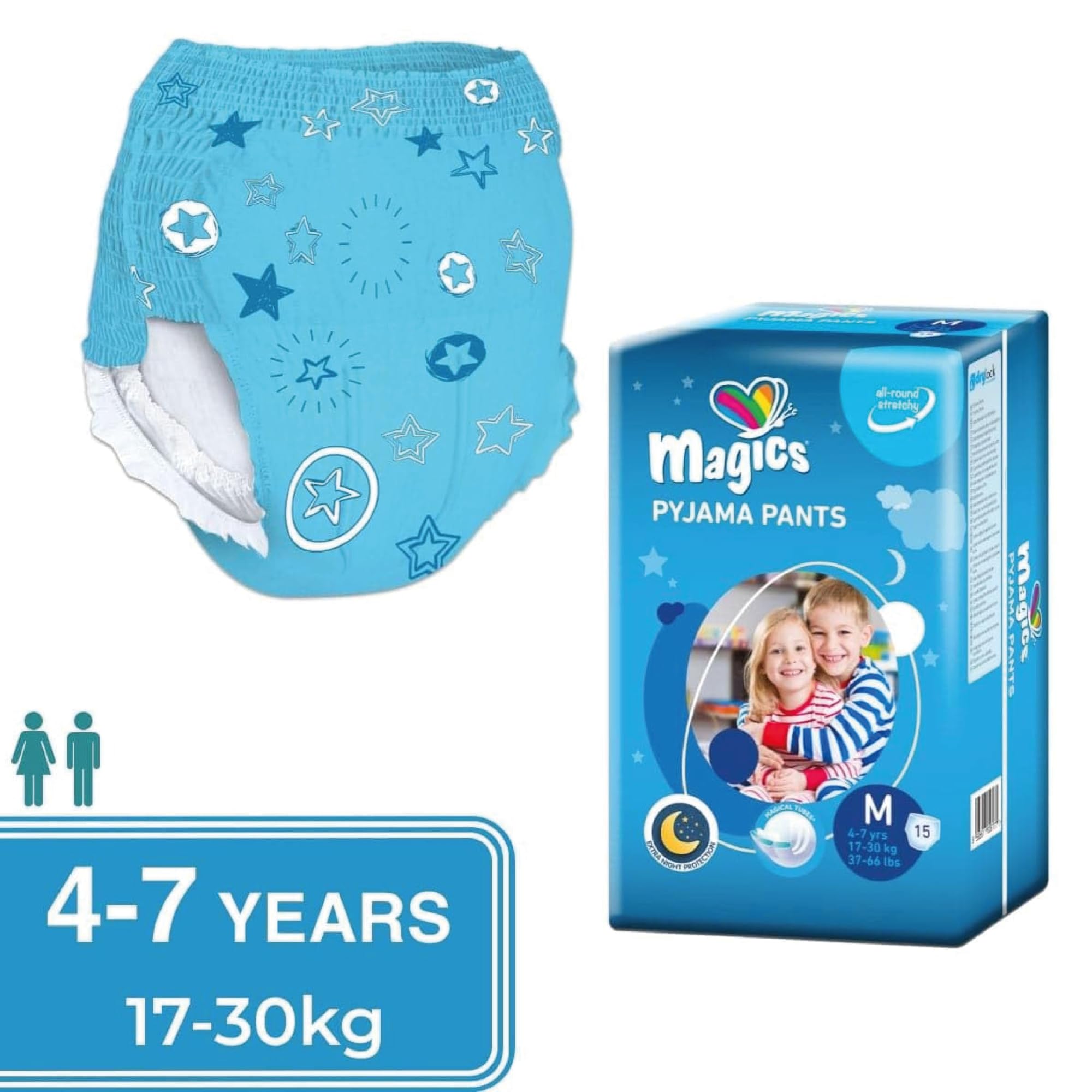Magics Pyjama Pants - sous-Vêtements de Nuit Absorbants - Enfants 4-7 Ans, Taille M (17-30 Kg) et 8-15 Ans, Taille L (27-57 Kg) - Multipack Couches Culotte Absorbantes