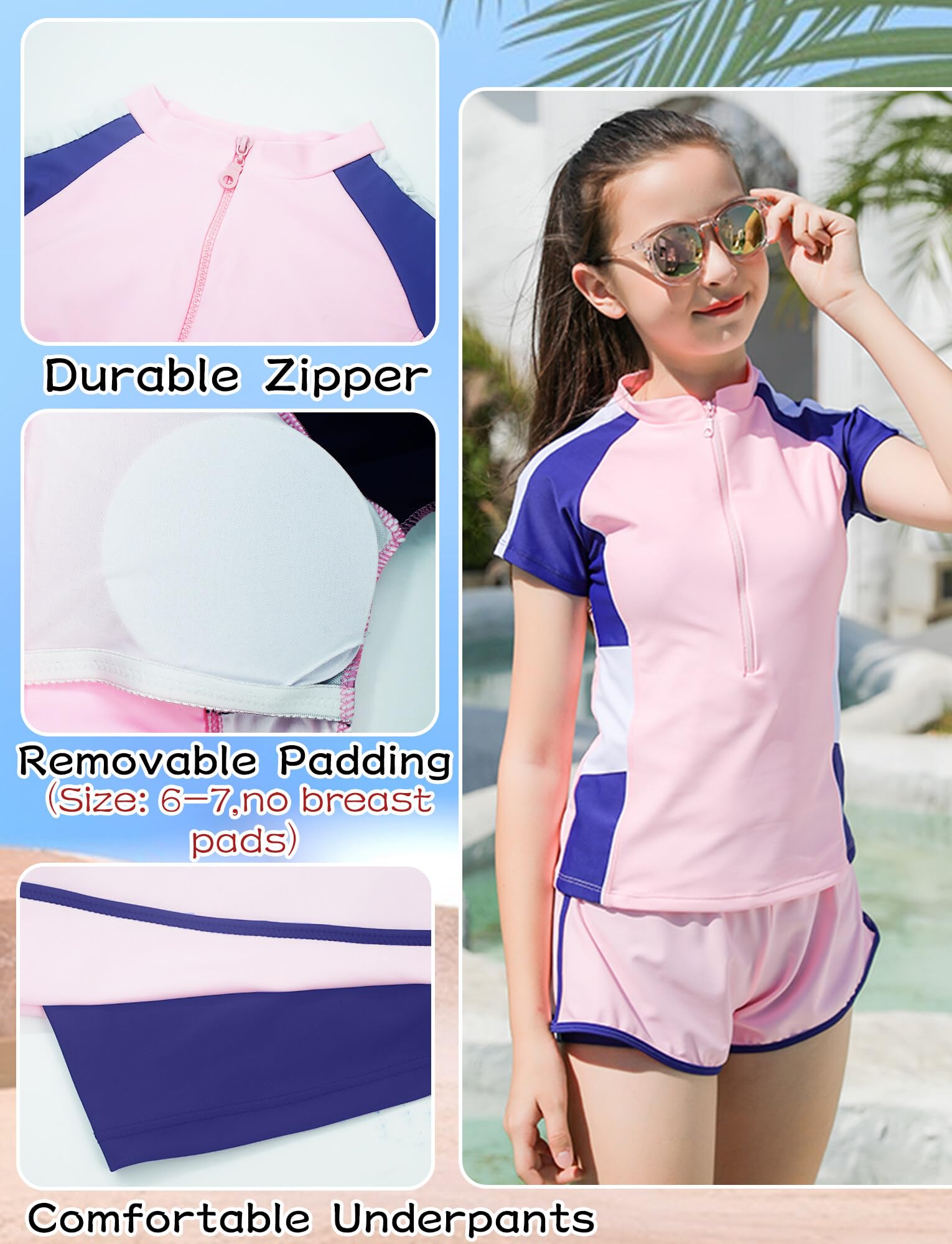 SEAUR Costumi da bagno per ragazze Ragazze Rash Guard Costumi da bagno ad asciugatura rapida Costumi da bagno con cerniera frontale Costume da bagno per bambini Costume da bagno a