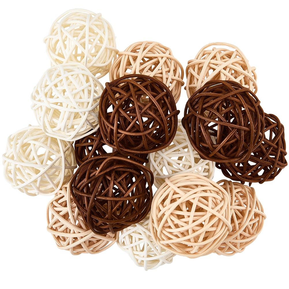 SUNNYCLUE 15Pcs 3 Colors Rattan Decorative Balls Wicker Rattan Balls 2 Inch White Beige Dark Brown Orbs Bowls Vase Fillers Wicker Ornaments for House Party Wedding Crafts Hanging DIY Accessories