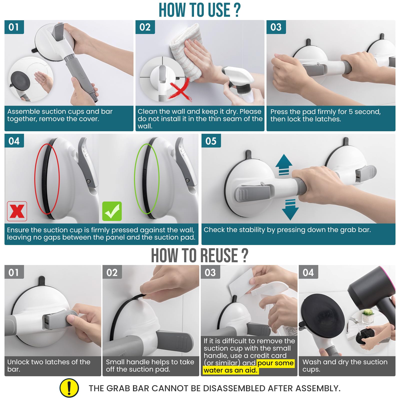 TAILI Suction Cup Shower Grab Bar – No Drill Bathroom Safety Handle, Holds 330 Lbs, For Elderly & Seniors