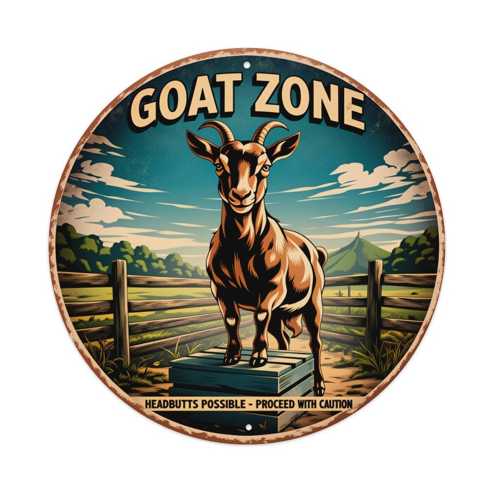 Goat Standing On Crate In Pastoral Scene With Fence And Mountains Round Vintage Tin Sign,Retro Wall Art,Metal Poster for Home, Bar, Garage, Cafe, Rustic Indoor & Outdoor Decor, 8x8 Inches