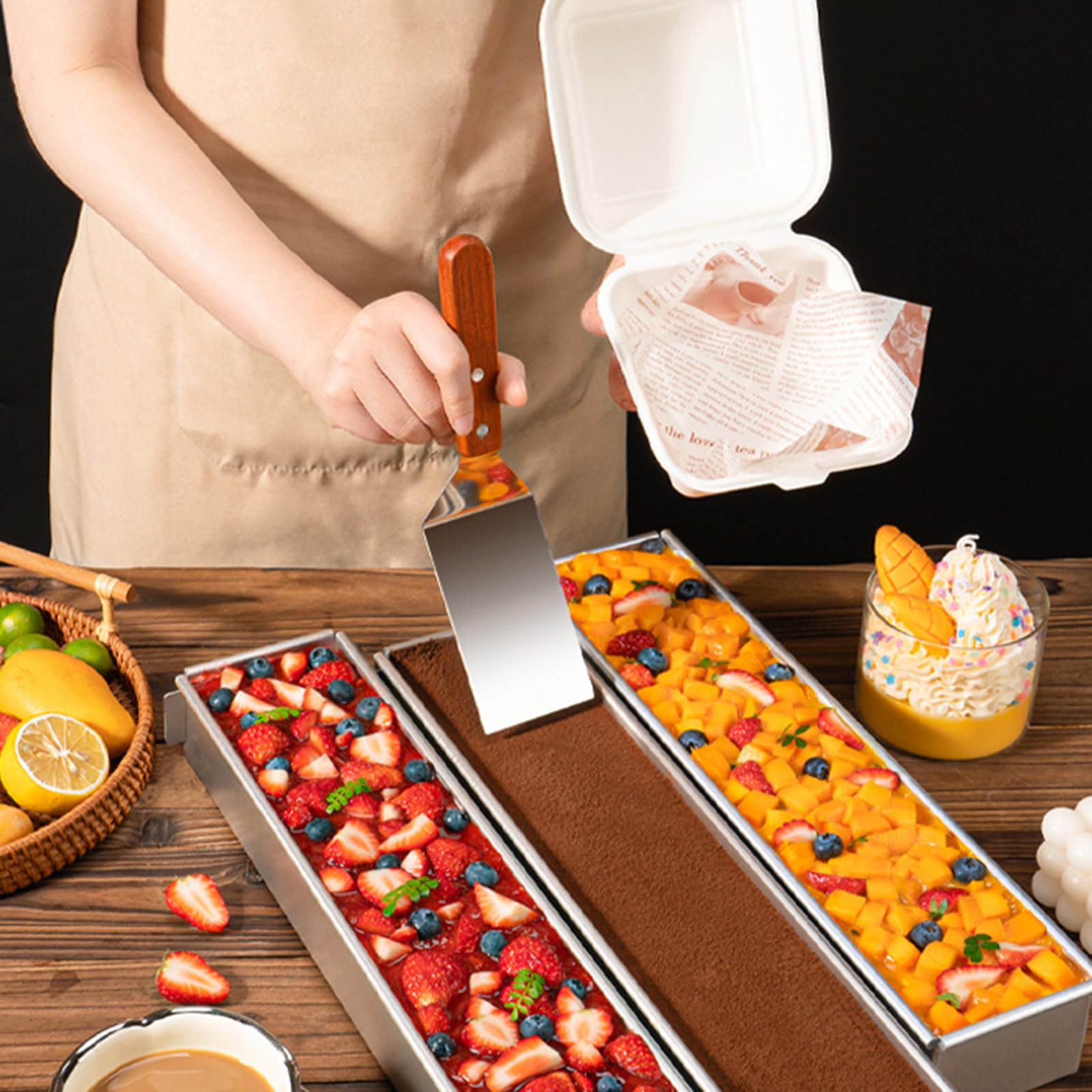 Molde de aluminio para tiramisú, bandeja antiadherente extraíble con tapa y espátulas para tarta de queso y mousse, forma rectangular, 6 x 10 x 40 cm