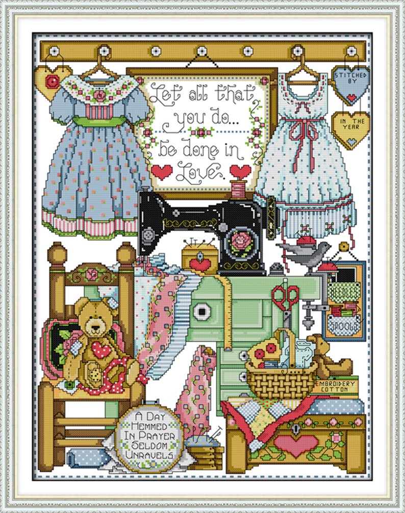 LovetheFamily Tailor Shop 51 x 64cm Cross Stitch Stamped Kits for Beginners 11CT 3 Strands DIY Handmade Needlework Set Cross Stitching Stamped Patterns Embroidery Frameless