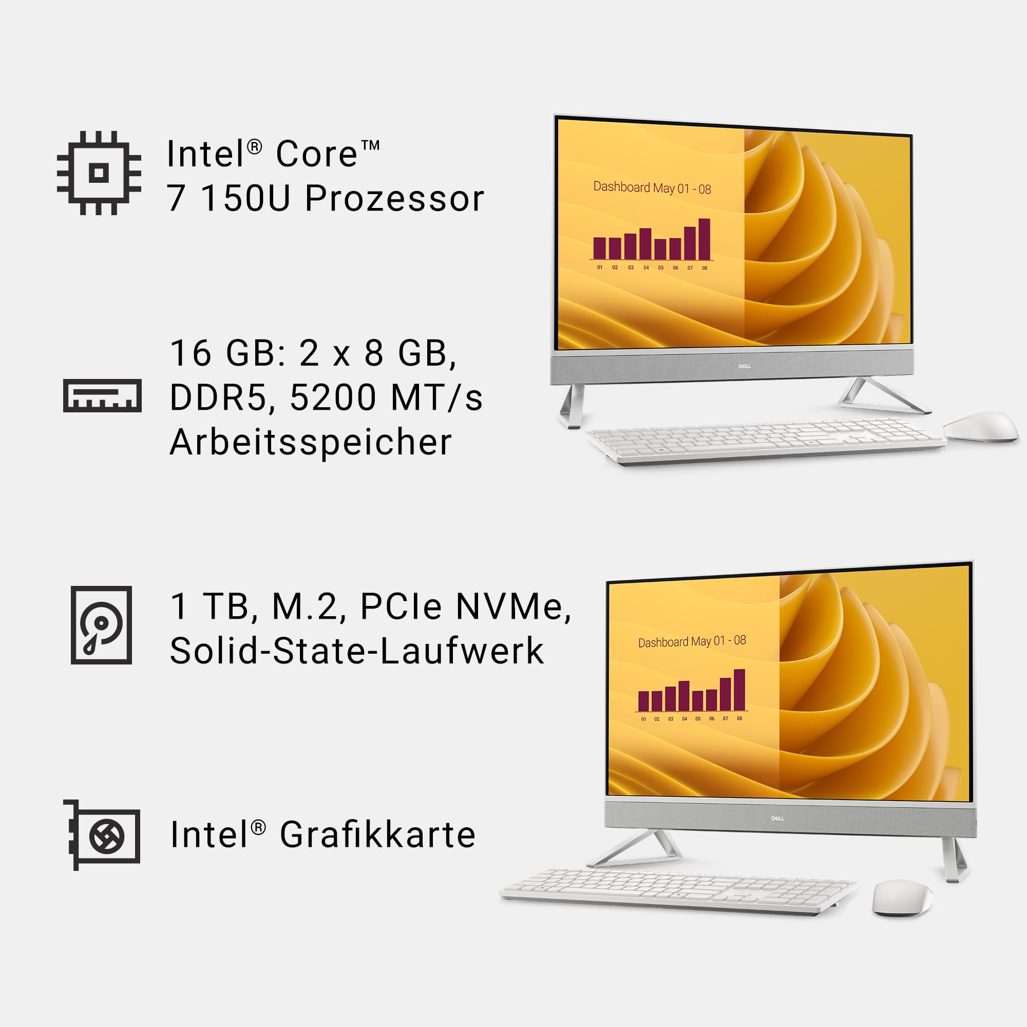 Dell 27 All-in-One Desktop EC27250 – 27" FHD Display, Intel Core 7 Series 1 Prozessor, Intel Grafik, 16 GB RAM, 1 TB SSD, Windows 11 Home, QWERTZ Dell Pro Wireless Tastatur & Maus – Silber