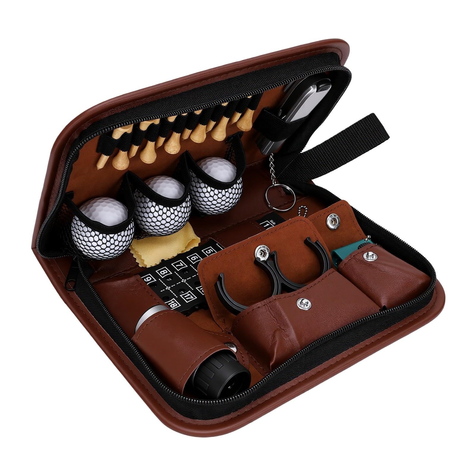 SIXRUN Golf Tee Set, Golfzubehör mit PU Leder Tragetasche, 3 Bälle und 12 | Verschleißfester Organizer, Tragbare Golftasche mit Bürste und Entfernungsm.
