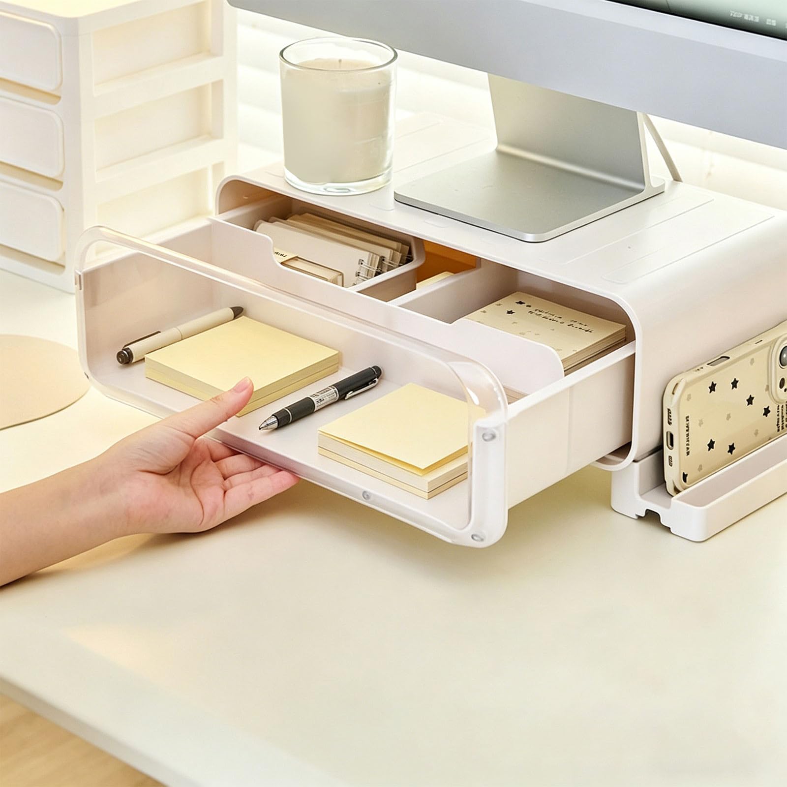 Supporto per monitor del computer con luci alimentate tramite USB e sezioni multiple per organizzare accessori da scrivania e miniature Ascensore monitor alimentato tramite USB