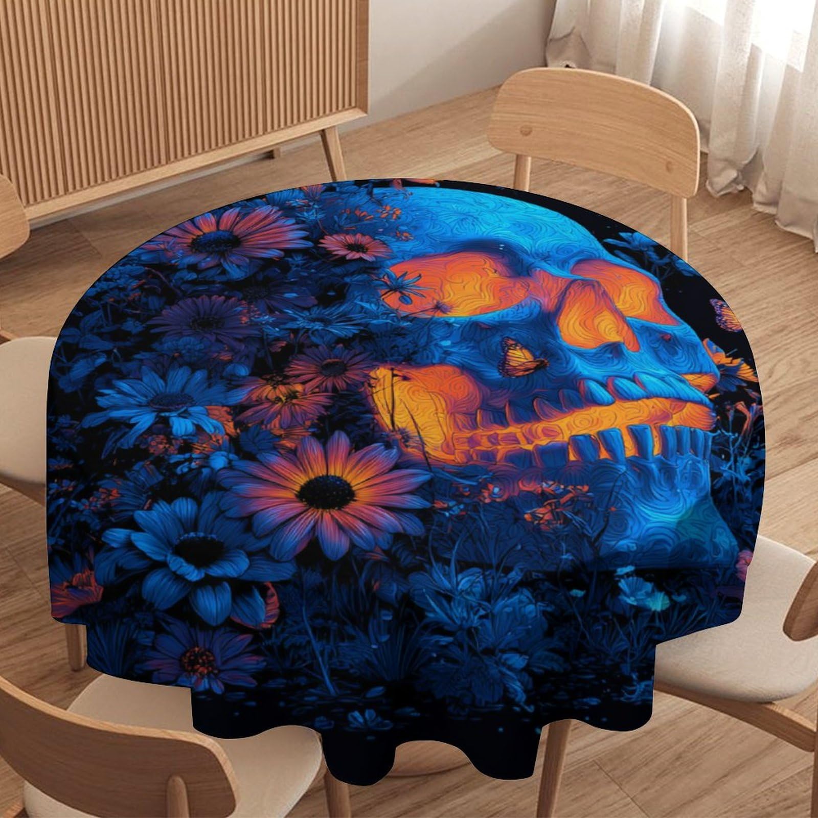 LUYYSKY Rustic Vintage Gothic Skeleton Round Tablecloth Cool Aesthetic Skull Skeleton Daisies Flowers Animal Butterfly Washable Decor for Table Cover for Kitchen-127 Wx127 L cm