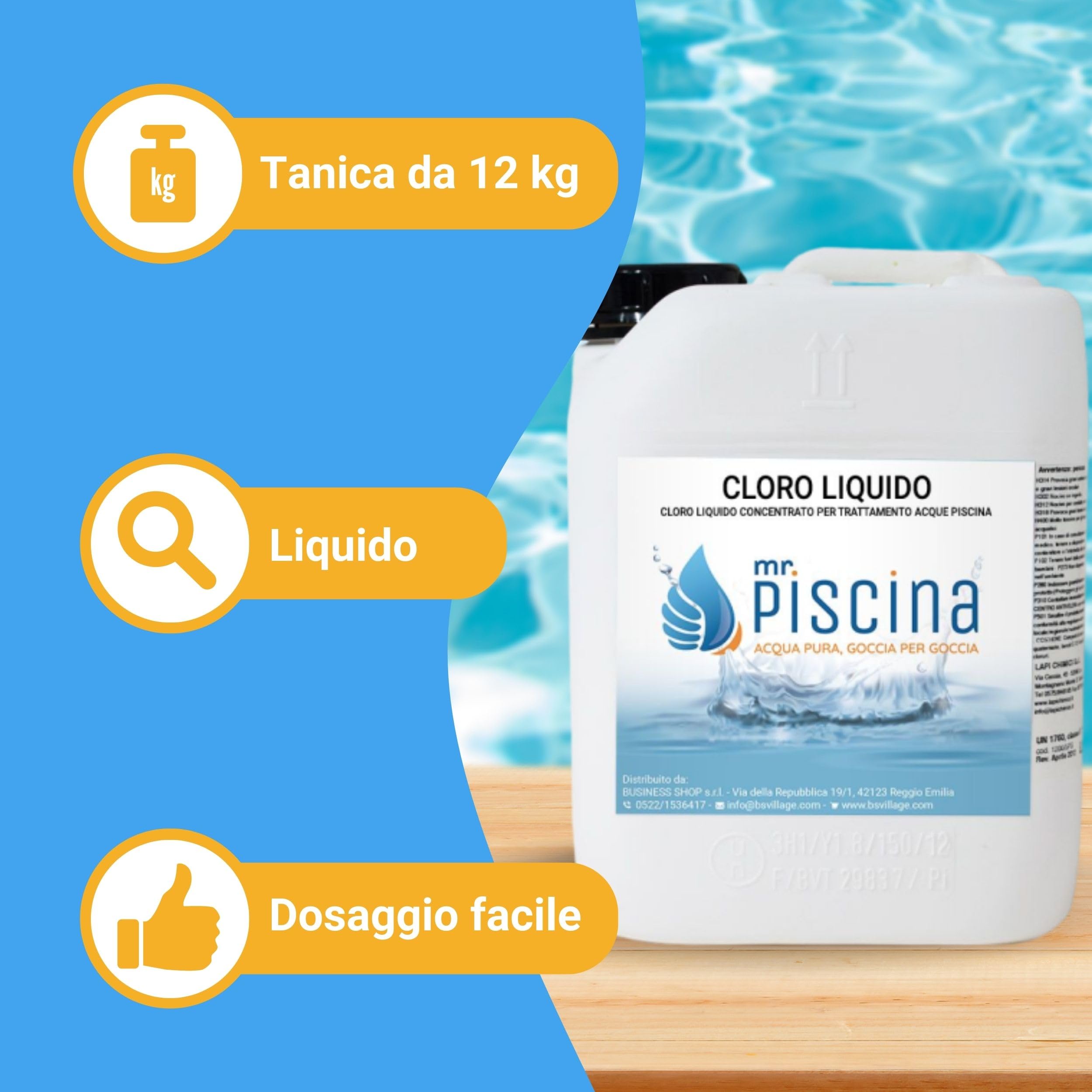 Cloro per Piscina Liquido Concentrato. Disinfettante Piscina anche per Pompe Dosatrici (12 kg)