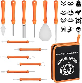 inin 12PCS Halloween Pumpkin Carving Kit with 12 Stencils & Hand Bag,Stainless Steel Pumpkin Carving Tools,Professional Pumpkin Decorating Set,Halloween Decorations for Kids & Adluts.