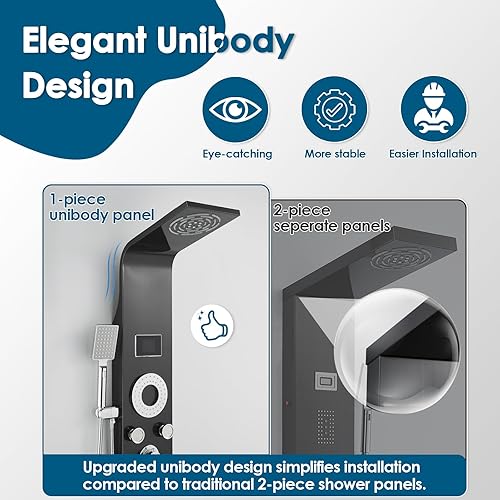 Miniatura 21 de ROVOGO Sistema de torre de panel de ducha, diseño unibody, ducha de niebla de lluvia, chorros corporales, boquilla de mano y bañera, no necesita