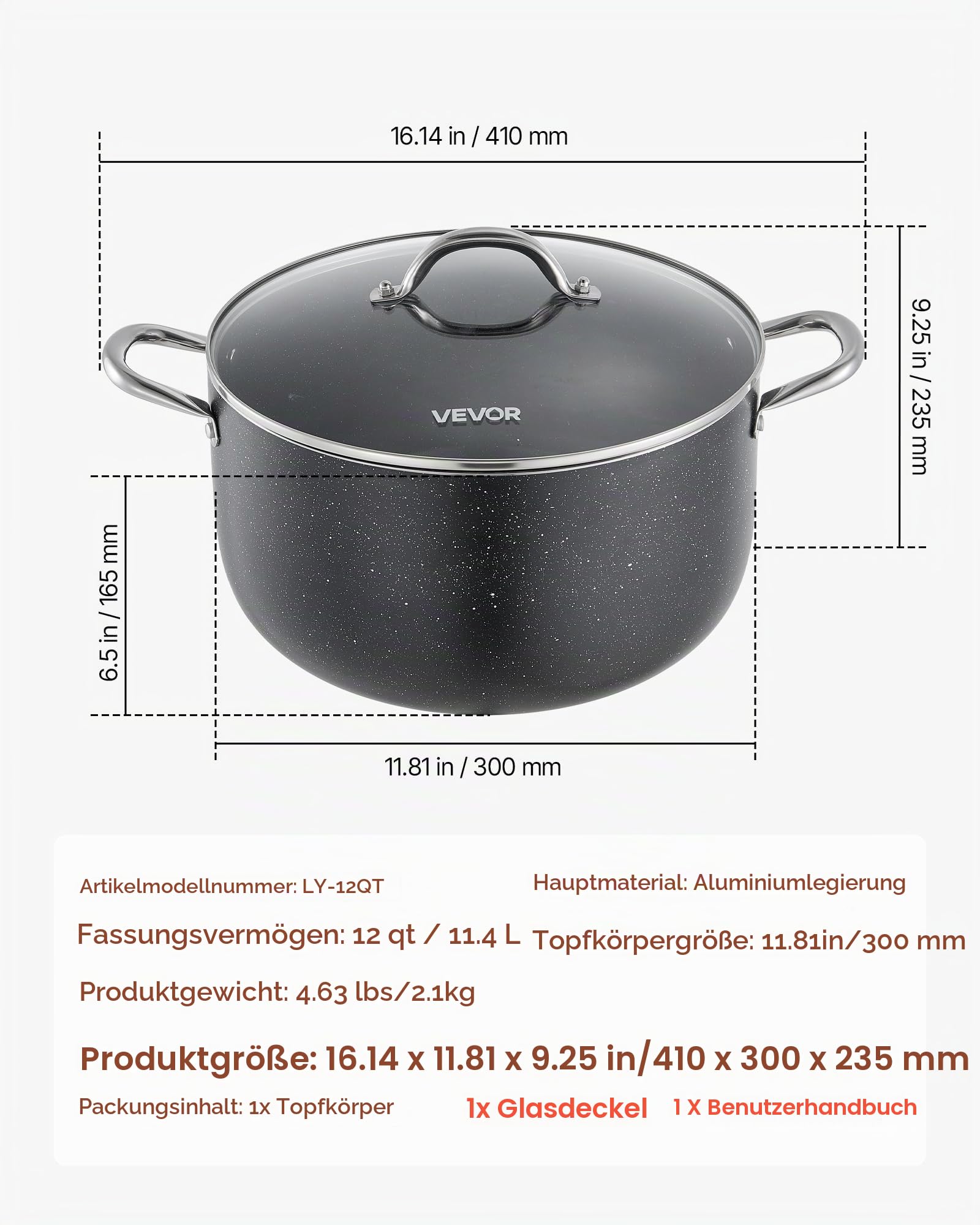 VEVOR Suppentopf aus Aluminium 11,4 L Antihaftbeschichtet Kochtopf mit Glasdeckel, PFOA- und PFAS-frei, Kompatibel mit Gasherden Induktionsherden Elektroherden, Ideal für Suppen Eintöpfe und Pasta