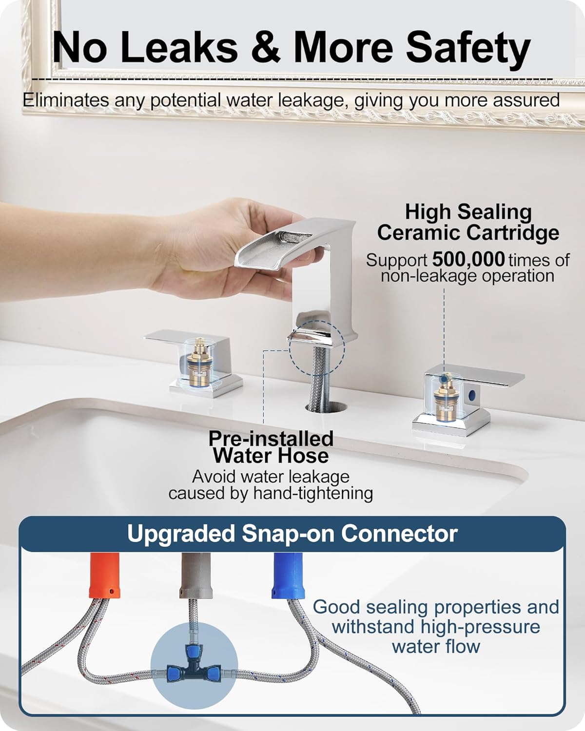 Waterfall Bathroom Faucets, Brass 4-8 Inch Chrome Bathroom Faucet, Widespread 3 Hole Bathroom Sink Faucet 2 Handles with Water Hoses & Drain
