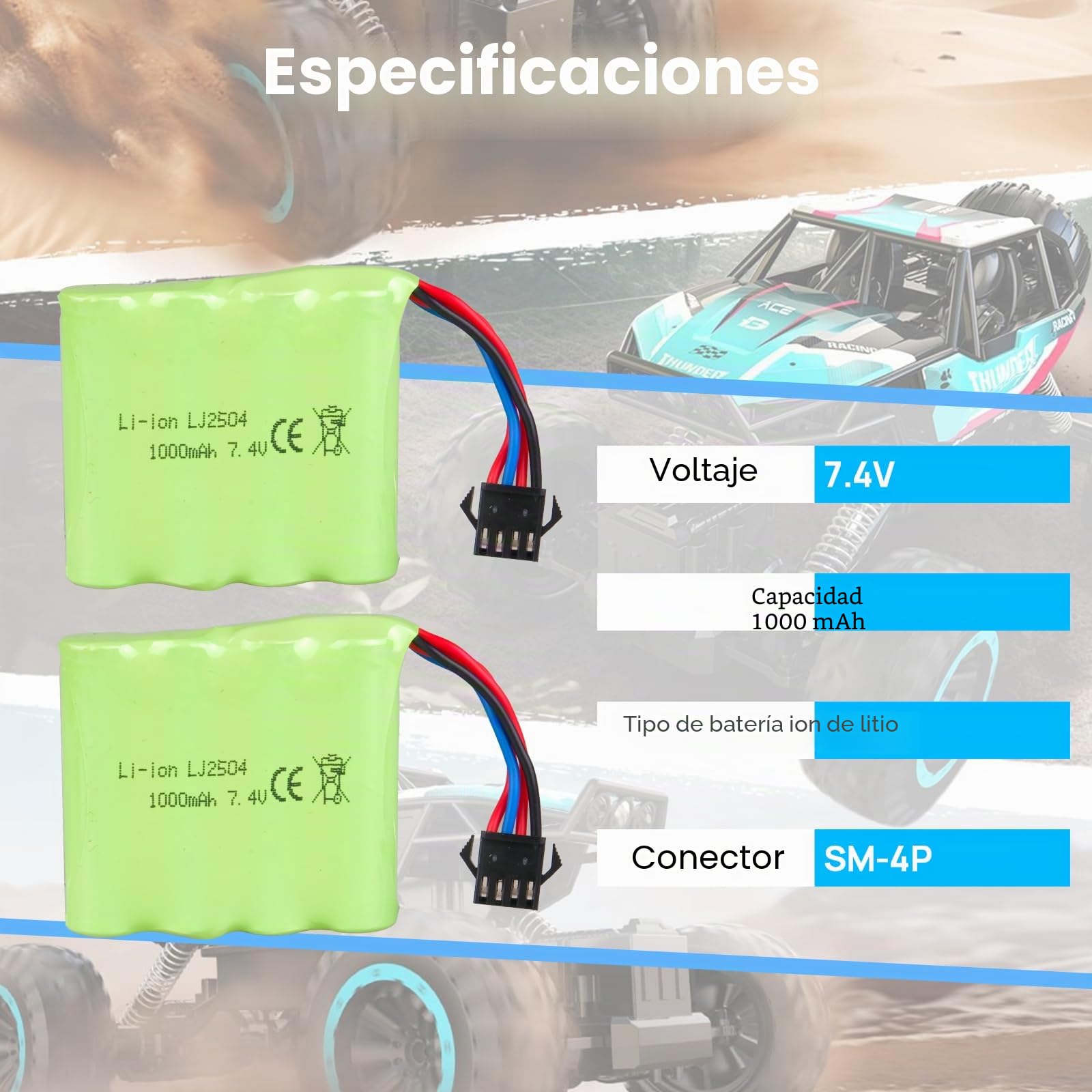 2PCS 7.4 V 1000 mAh Batería de Litio con Conector SM-4P y Cable de Carga USB para Coche RC, Barco, Camión, DE36W DE65 NO.1809 Coche de Juguete RC, Coche Todoterreno