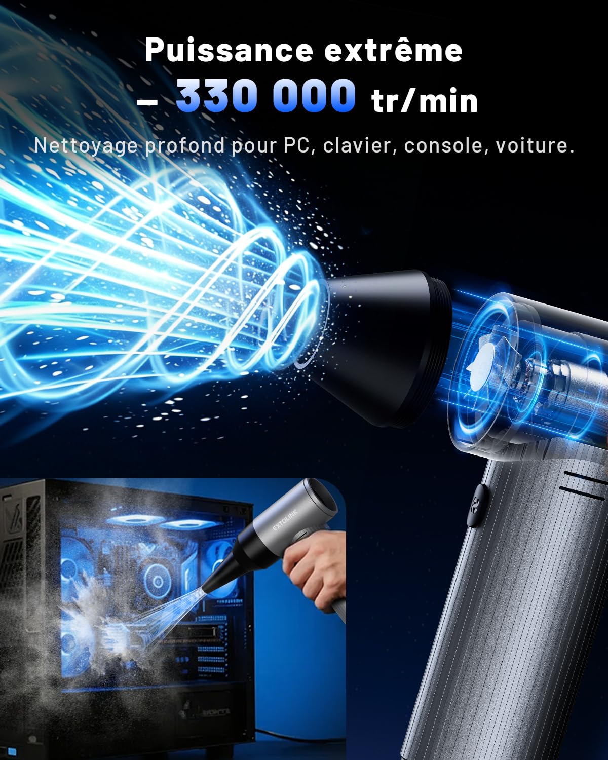 L7 Souffleur Air Comprimé en Métal 330 000 tr/min 7500mAh | 3 vitesses électrique, Mini Souffleurs sans Fil Puissant avec kit de Nettoyage pour Hôte, PC, Clavier, Cartes Graphiques