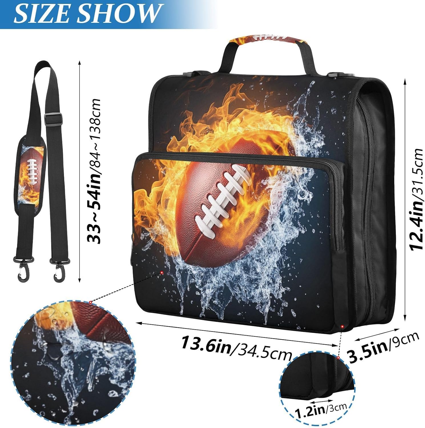 Football Print 3 Ring Zipper Binder with Shoulder Strap & Handle 3 Inch D-Ring Zippered Bag with Pencil Pouch,Multiple Pocket & Expanding File Folder, Binder Organizer for School or Office