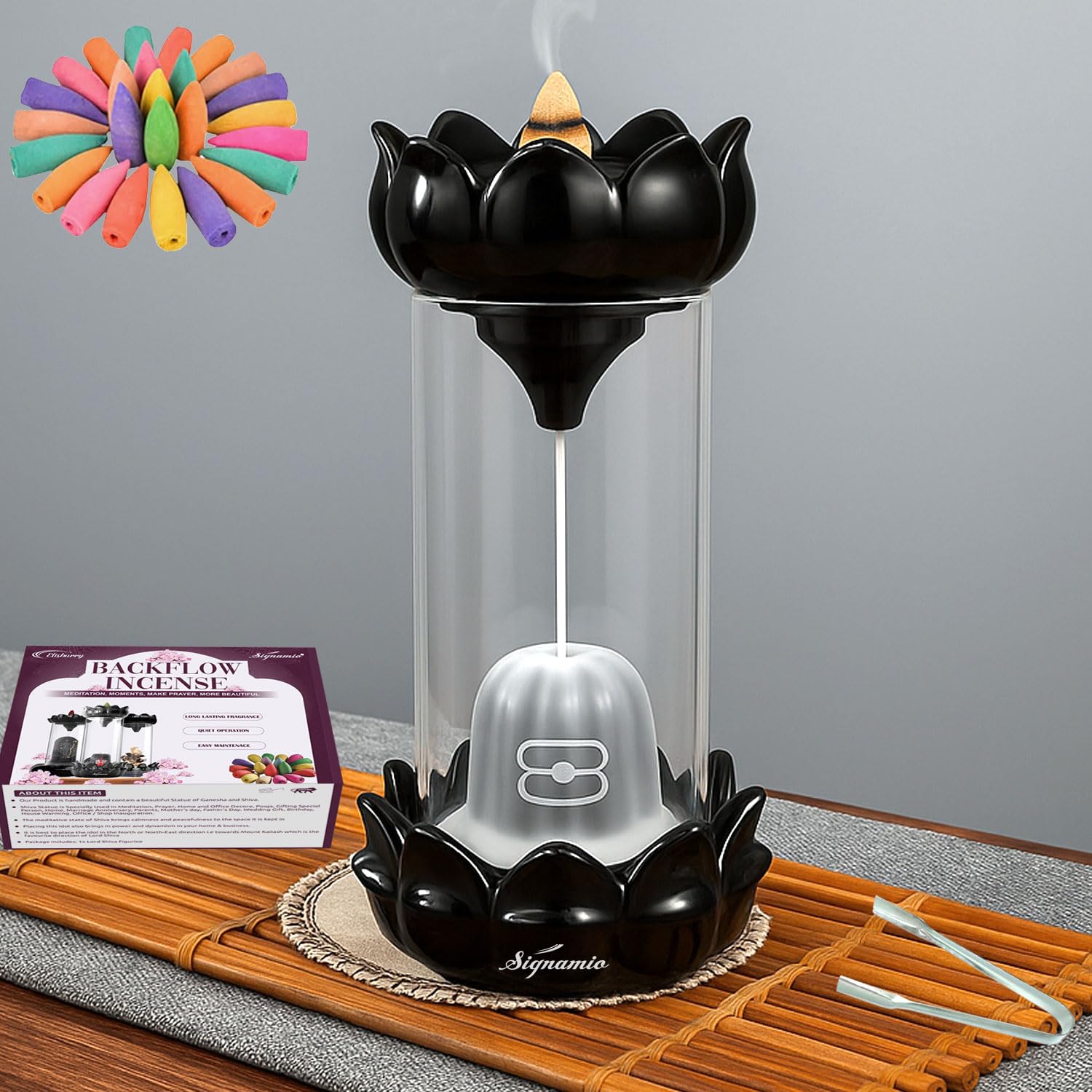 Aromatic Essence of Ceramic Shivling Shiva Backflow dhoop Smoke Fountain Incense Burner Holder with 30 Cones - Incense Holder for Meditation and Home Decor,Blue