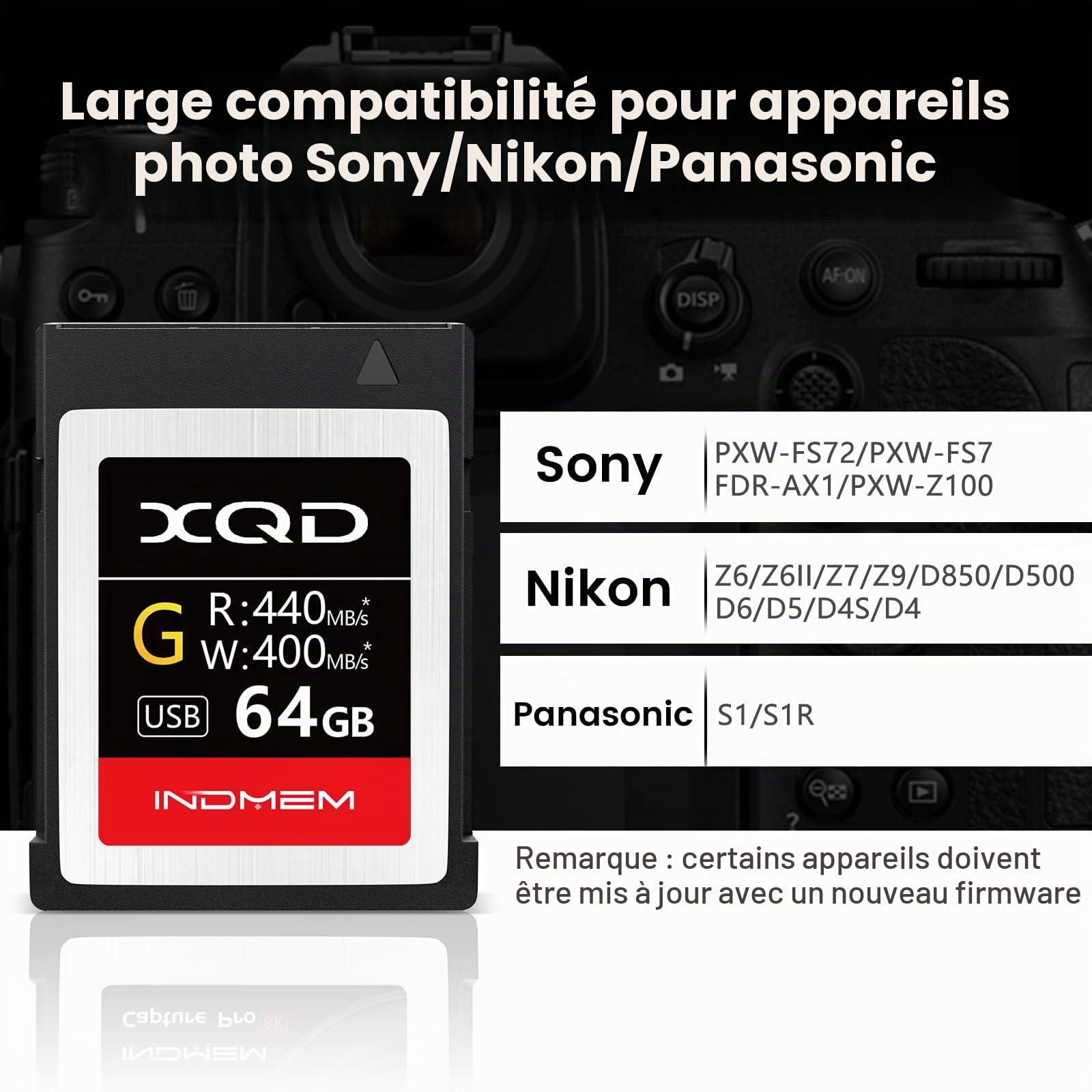 INDMEM Carte mémoire XQD 5X 64 Go MLC XQD Flash High Speed Série G (lecture 440 Mo/s et écriture 400 Mo/s)