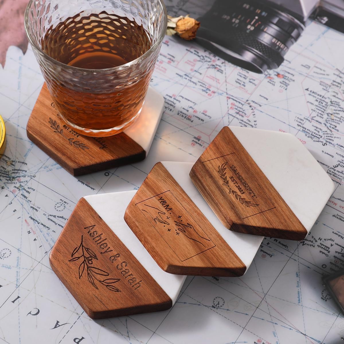 Posavasos personalizados de madera de mármol con nombre grabado redondo/hexagonal, regalos para parejas, para tazas, té, café, bebidas, decoración de mesa (hexágono, 6 piezas)