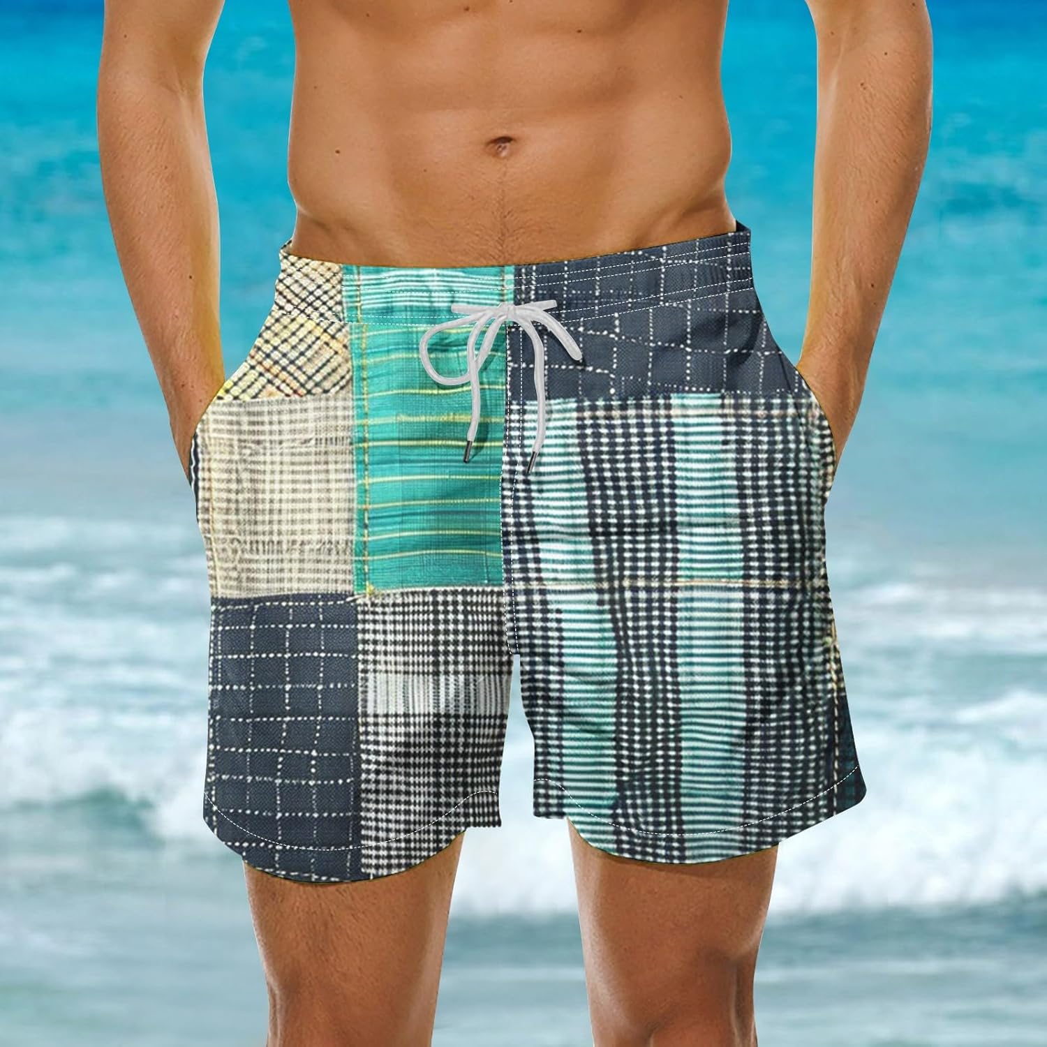 Men's Swim Trunks Beach Board Shorts Quick Dry Swimwear Sports with Pockets Vintage Patchwork Fashion Lightweight Pants