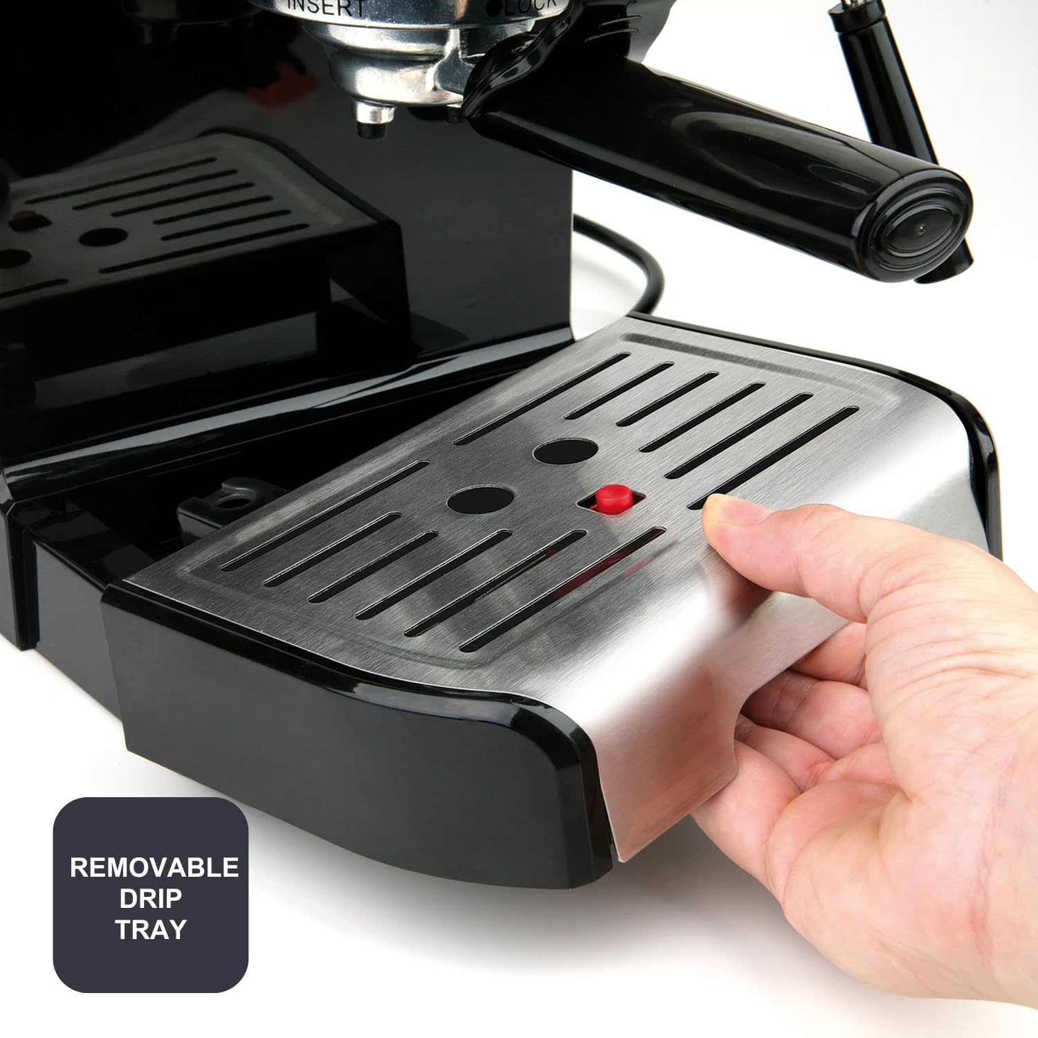 BLACK+DECKER BXCO1200E - Machine à Expresso 1200 W, 15 Bars, Réservoir 1,2 L, pour Dosette et Moulu, 2 Tasses, Buse Vapeur, Plaque Chauffante, Noir et Inox