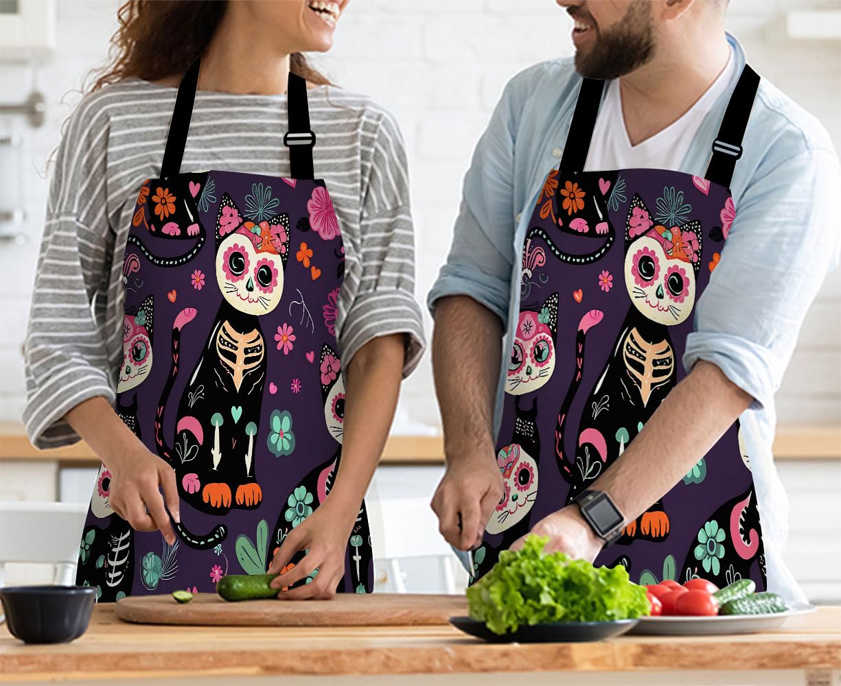Delantal de cocina con dibujos animados de gatos, color verde, delantal de cocinero impermeable para mujeres y hombres, 31 x 27 pulgadas