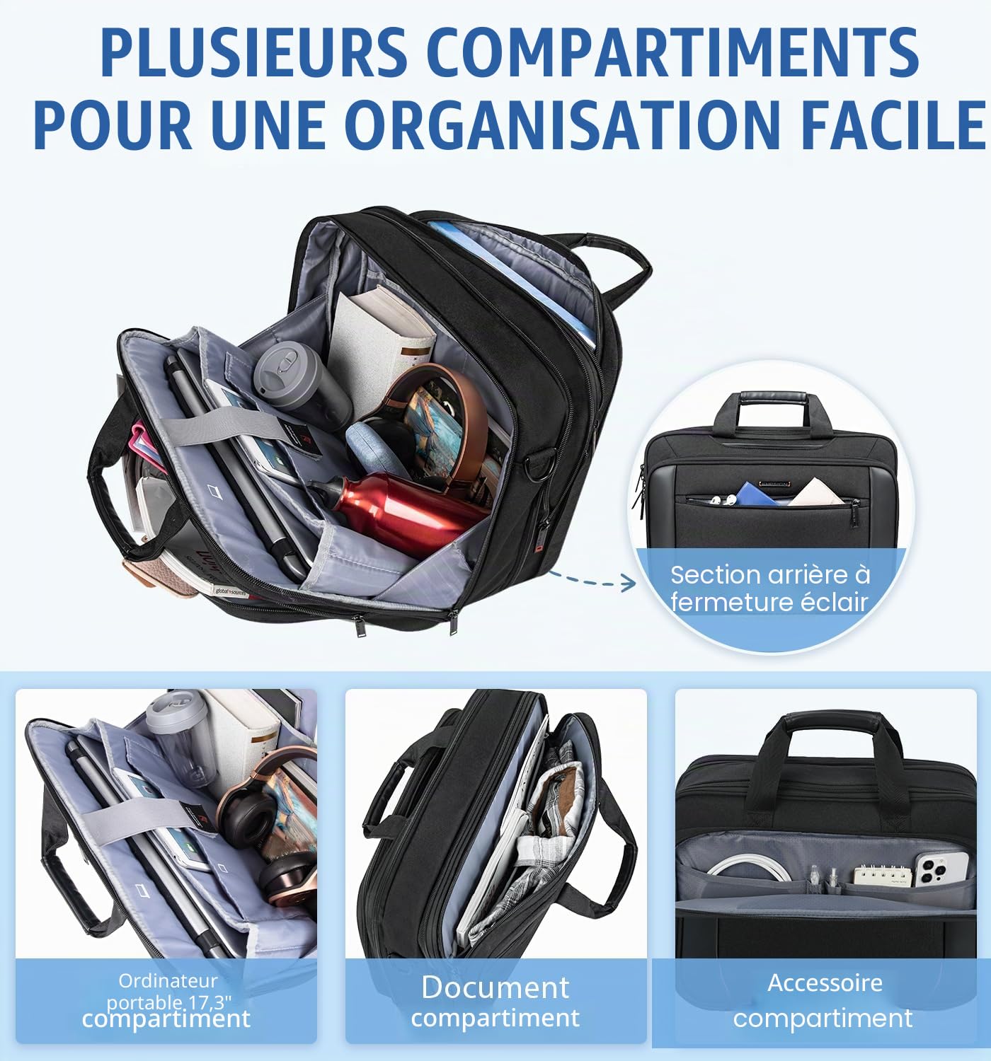 EMPSIGN Sacoche pour ordinateur portable 17,3" PC Imperméable Mallette Business Sac à bandoulière extensible pour homme pour affaires Sac de voyage pour le bureau avec poches RFID