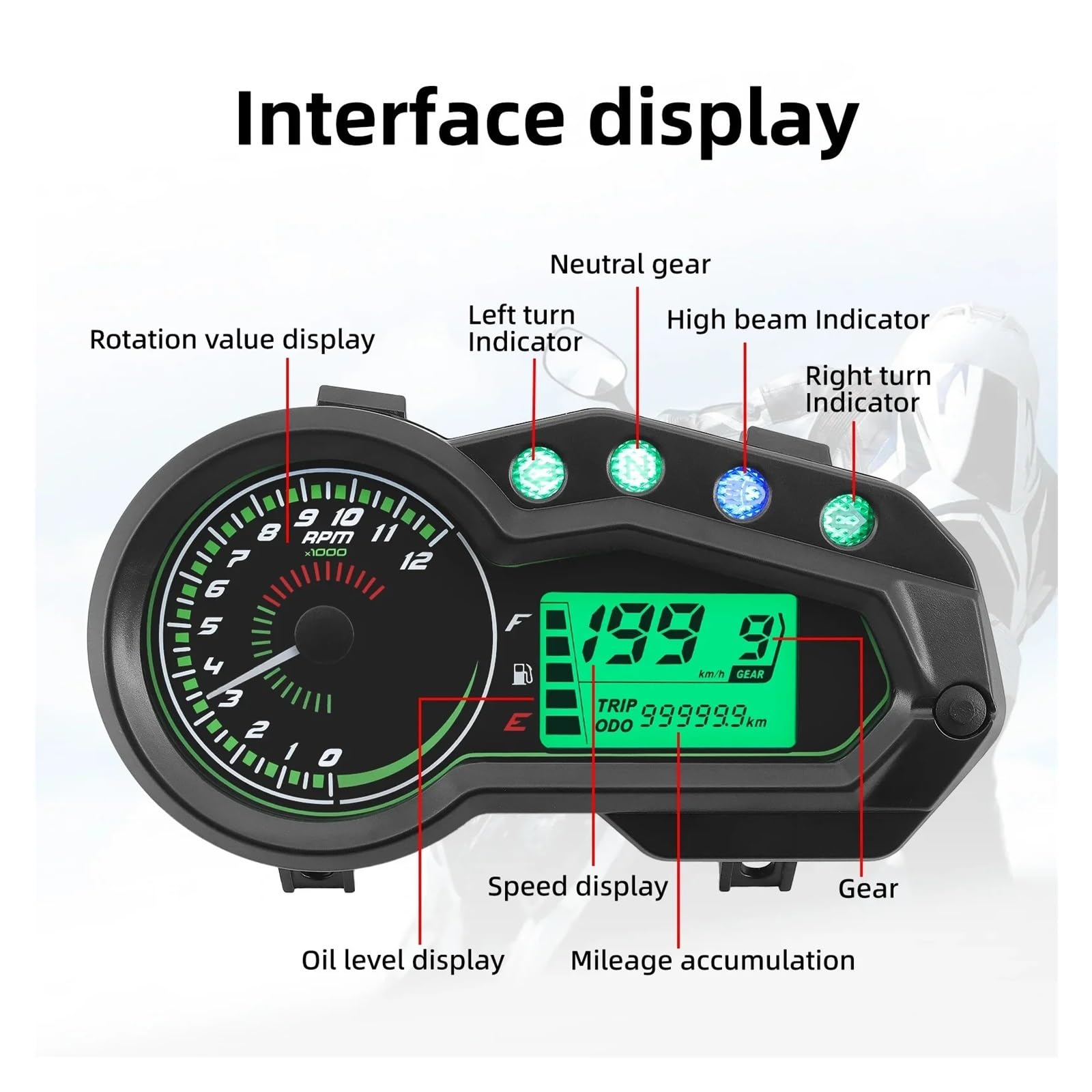 Velocímetro Digital para motocicleta medidor 12000 RPM | Tacómetro universal para motocicleta medidor 12000 RPM, velocímetro indicador marcha del vehículo, odómetro de viaje,