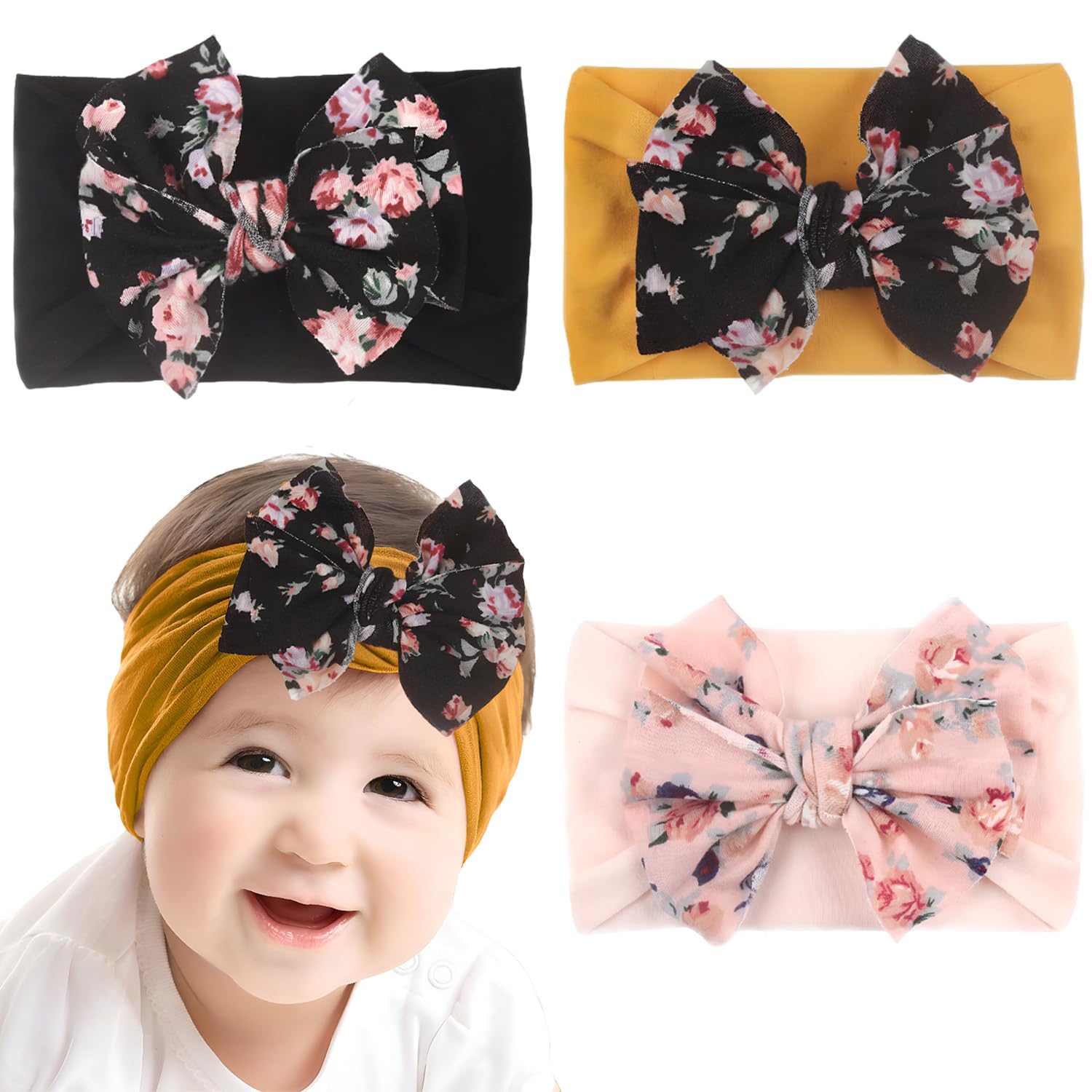 SYGA Pack Of 3 Baby Headbands Printed Flower Bow Strechable Soft Nylon Hairbands for Newborns, Infants, Toddlers, Kids 0-3 Years(LightPink-Black-Yellow)-image-4