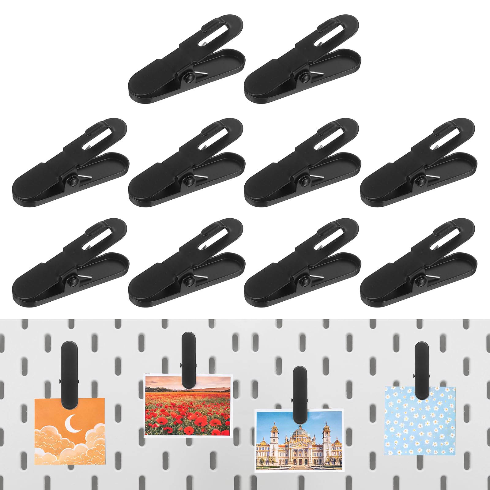 Crochets de panneau perforé en métal noir rigide, lot de 10 pinces compactes de 6,1 x 1,6 cm