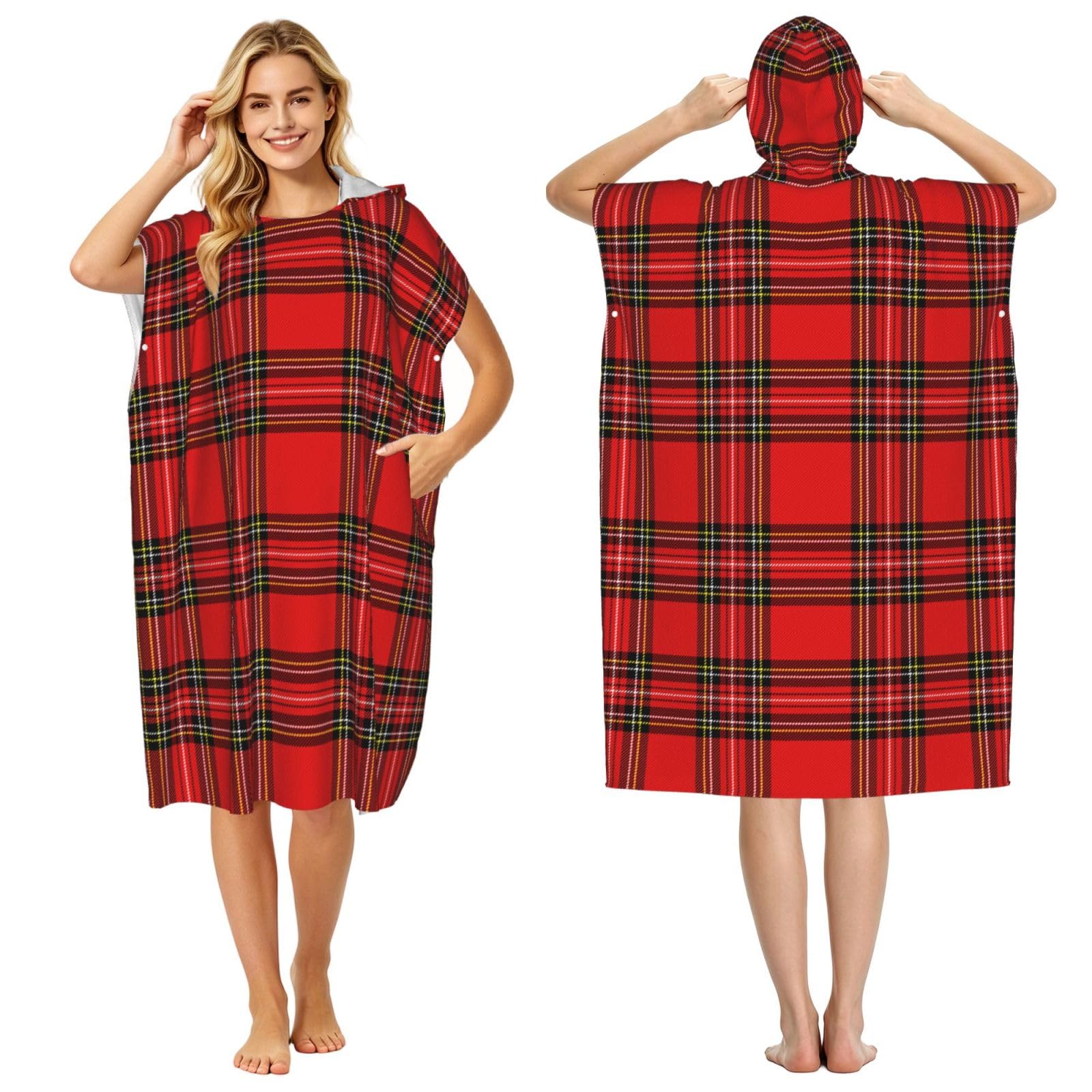 Poadnly Christmas New Year Tartan Plaid Scottish, Adult Hooded Beach Towel 90 x 110 cm,Changing Bath Robe, Surf Poncho Towel For Women Men