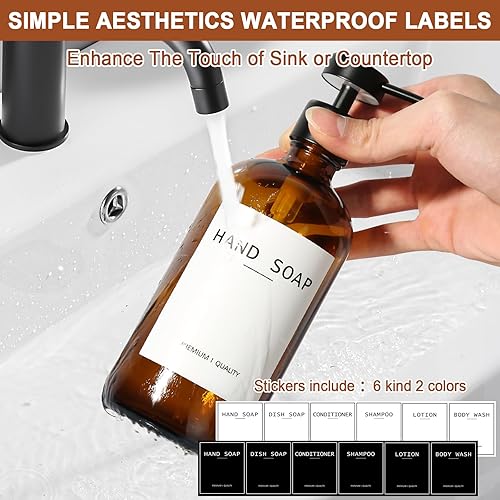 Miniatura 4 de Dispensador de jabón de vidrio ámbar, 2 unidades, dispensador de jabón de manos con bomba de acero inoxidable, juego de dispensadores de jabón para