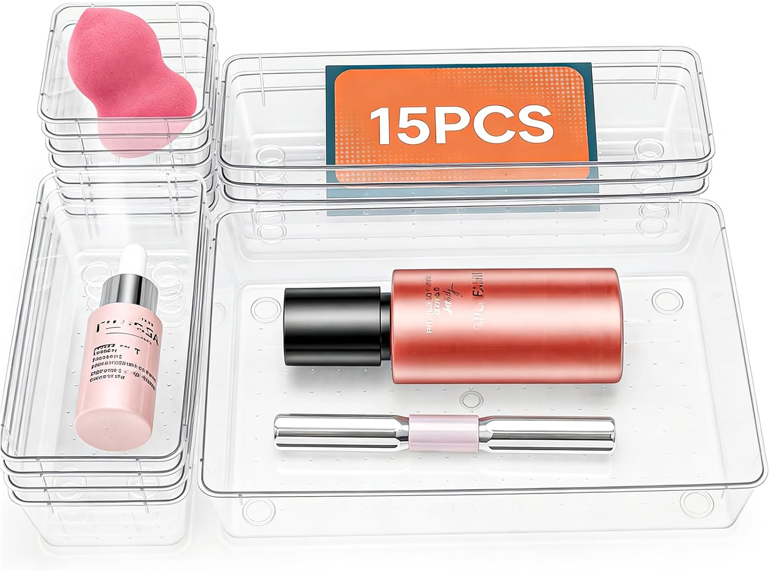 Pioleackflew 15-Pack Clear Plastic Drawer Organizers - 4 Sizes Stackable Bins for Makeup, Kitchen, Bathroom, Office Storage