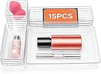 Pioleackflew 15-Pack Clear Plastic Drawer Organizers - 4 Sizes Stackable Bins for Makeup, Kitchen, Bathroom, Office Storage