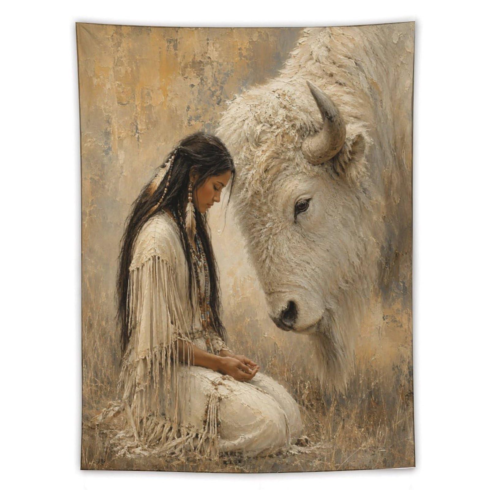 H3B8U2Y5 White Buffalo Woman Oil Style Wall Tapestry, Open Grassland