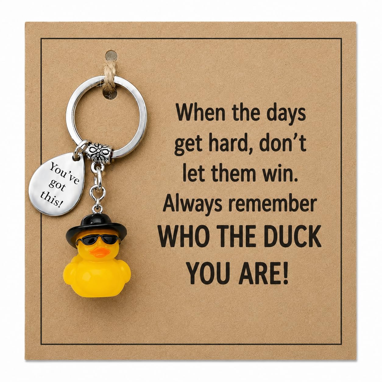 Virelle Funny Keychain Cute Duck Gift for Women – Good Luck Keyring with Inspirational Quote “Who the Duck You Are” – Positive Accessory for Car Office Friends Sister